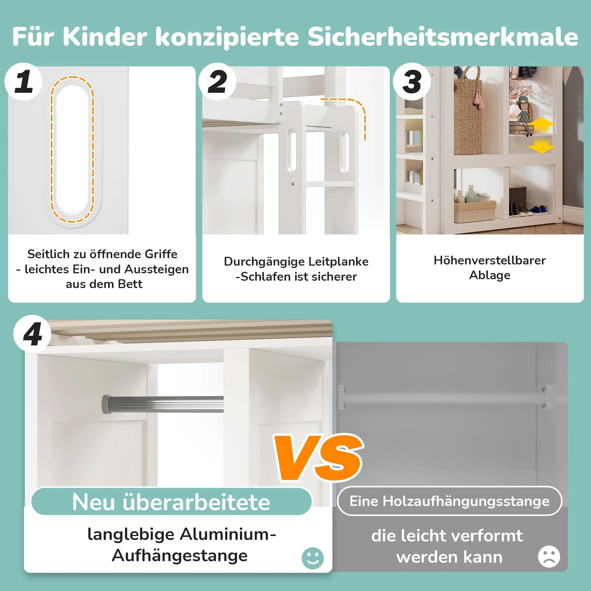 Children's Bunk Bed with Desk, Wardrobe and Shelves, 90x200cm, White - Image 5