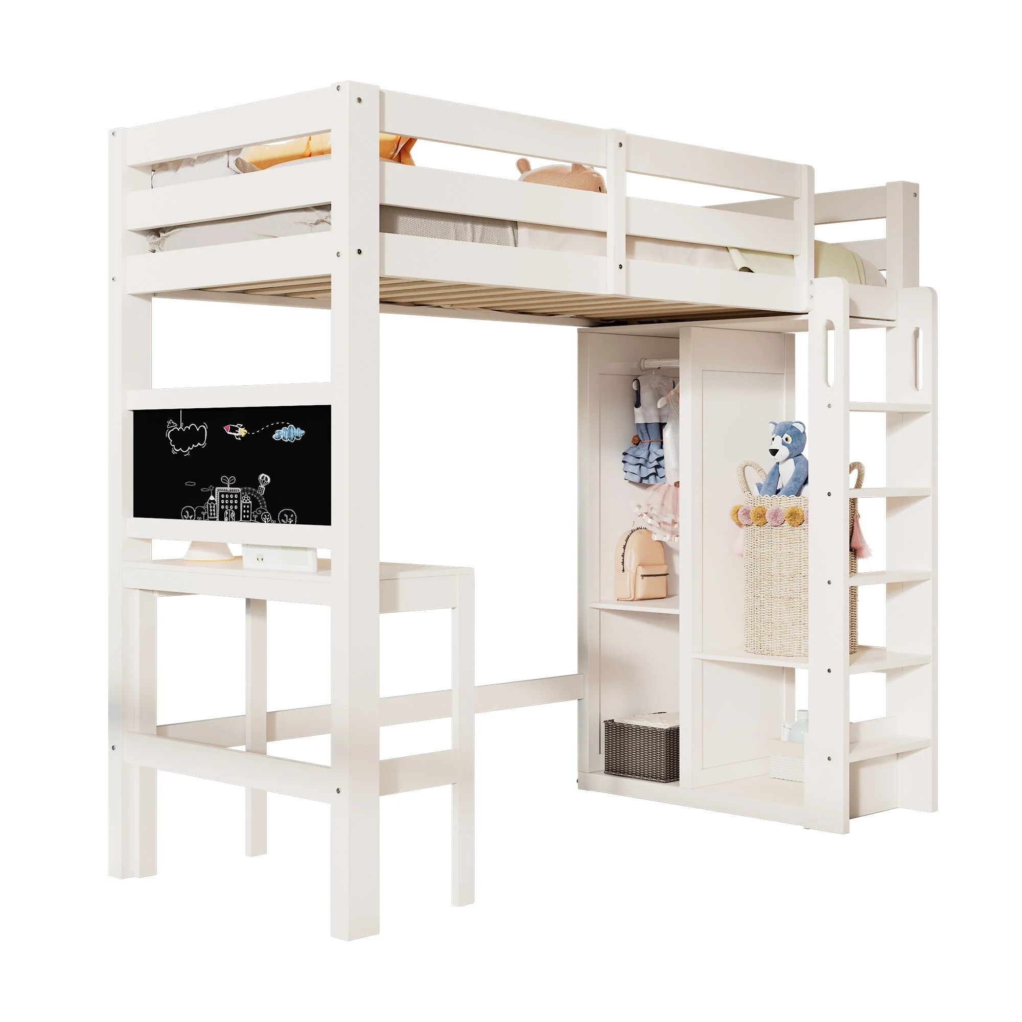 Children's Bunk Bed with Desk, Wardrobe and Shelves, 90x200cm, White - Image 7