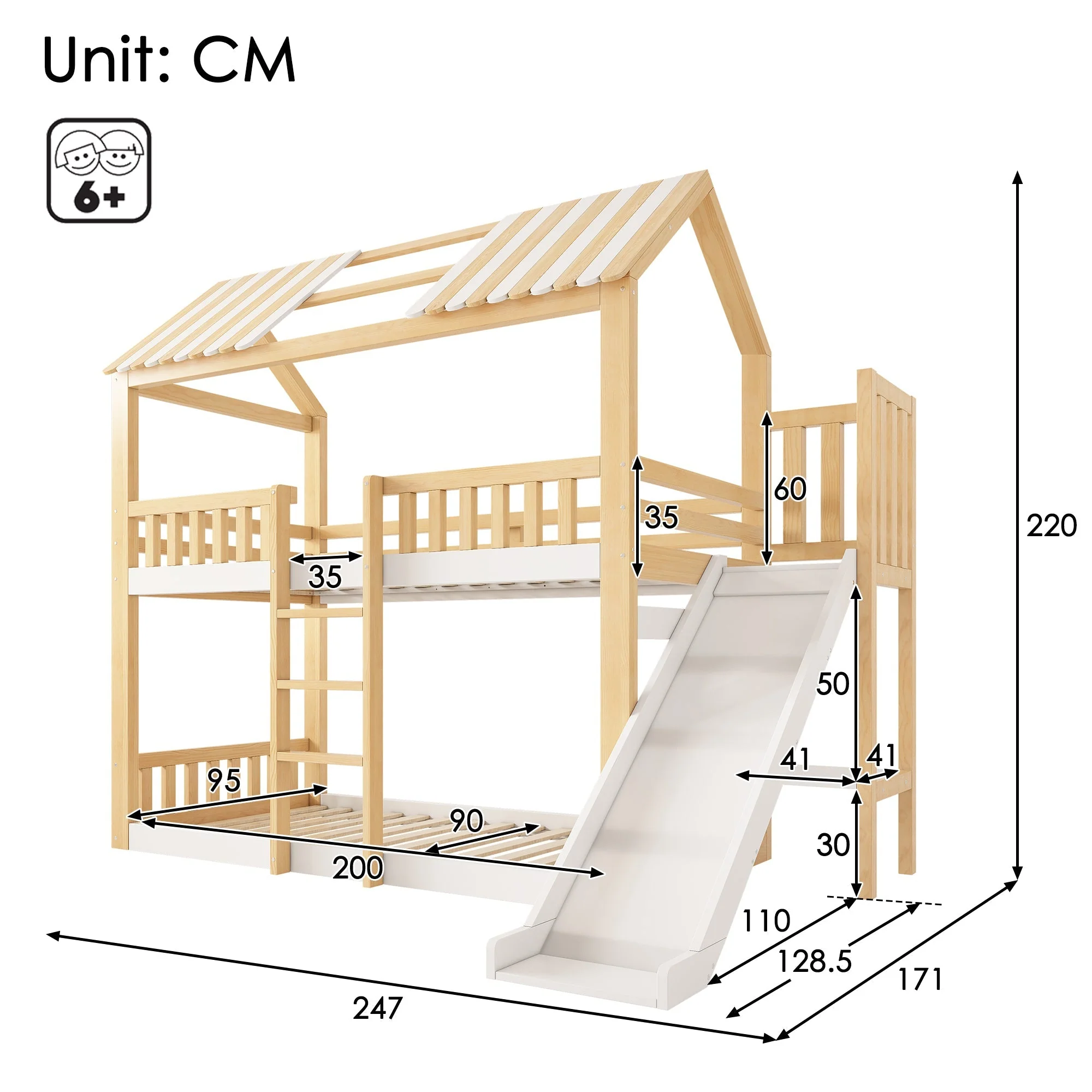 Children's Bunk Bed with Gable Roof, Shelf and 35cm Slide, 90x200cm, White and Natural Wood - Image 2