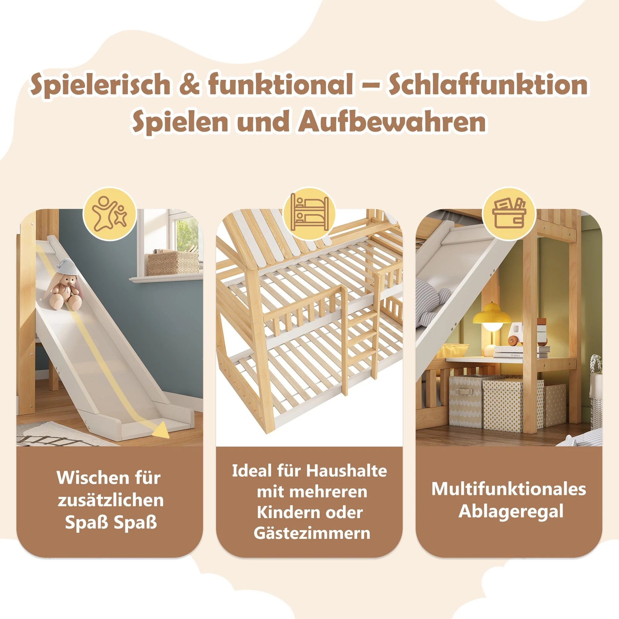 Children's Bunk Bed with Gable Roof, Shelf and 35cm Slide, 90x200cm, White and Natural Wood - Image 4