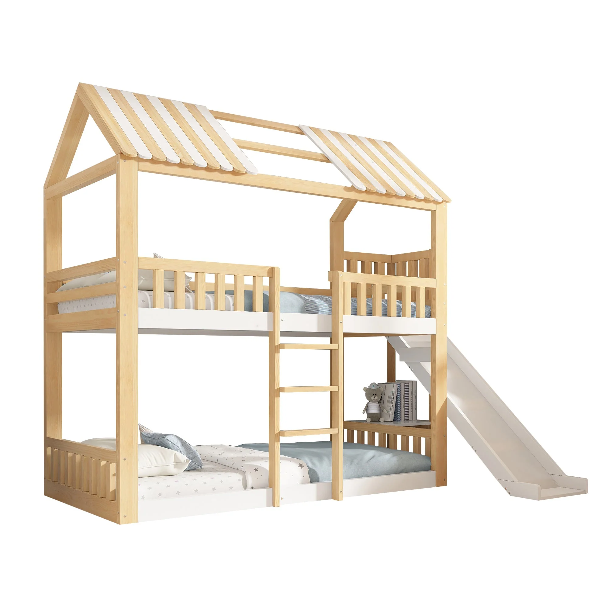 Children's Bunk Bed with Gable Roof, Shelf and 35cm Slide, 90x200cm, White and Natural Wood - Image 7