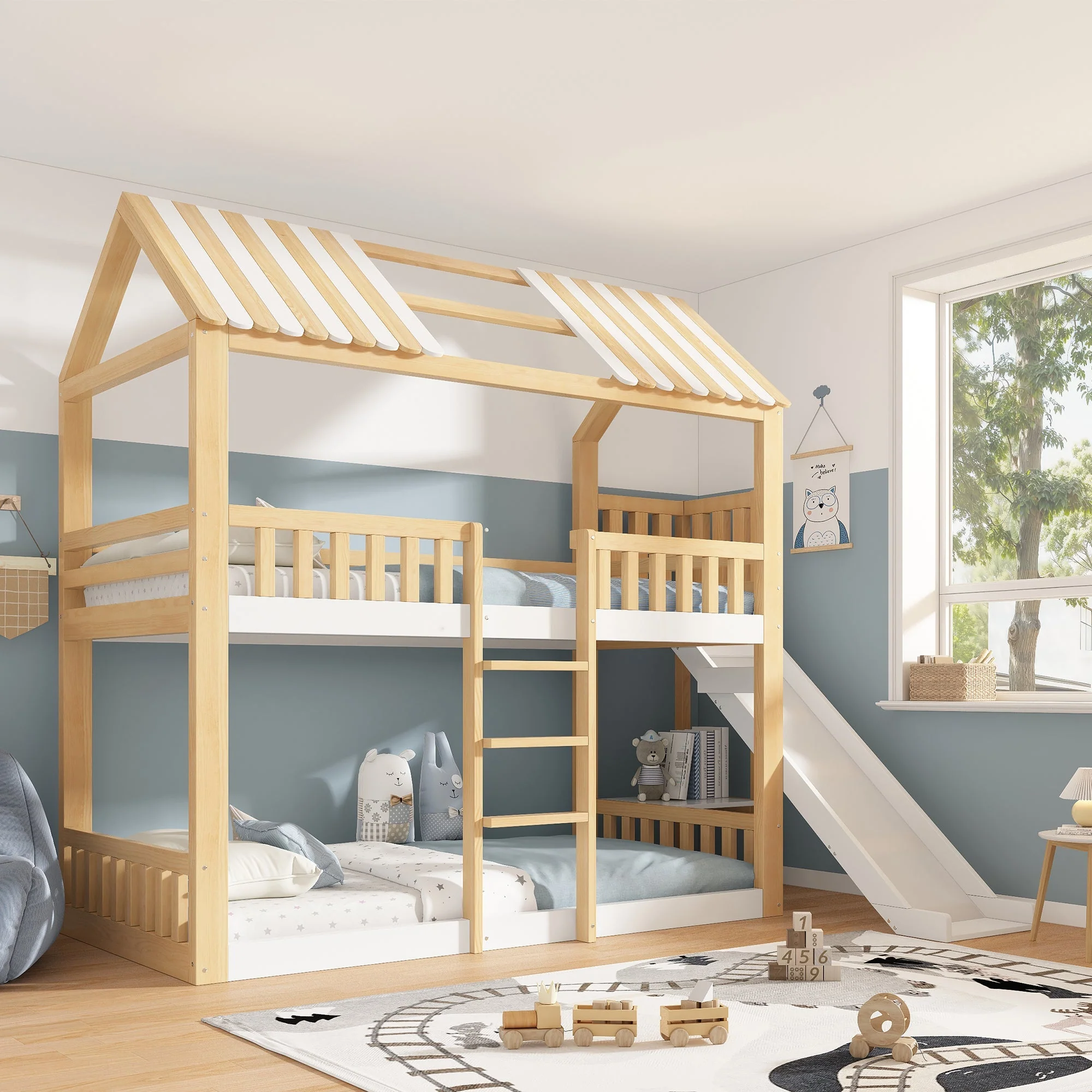 Children's Bunk Bed with Gable Roof, Shelf and 35cm Slide, 90x200cm, White and Natural Wood - Image 9