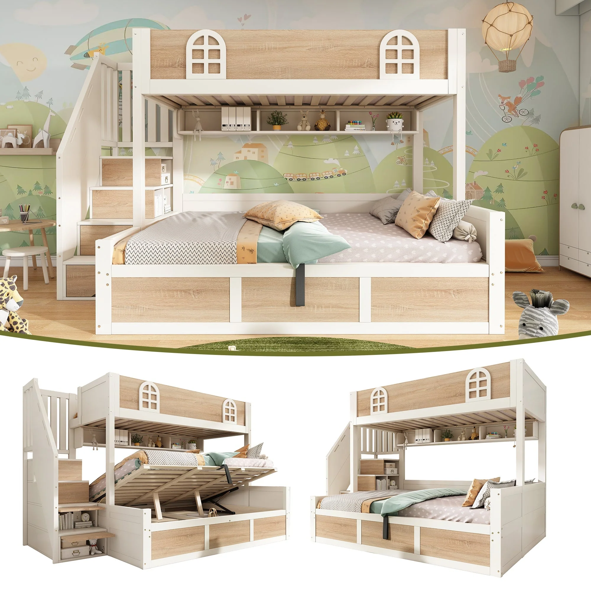 Children's Bunk Bed with Hydraulic Storage and Staircase Wardrobe, 90x200 and 140x200 cm, White and Natural Wood