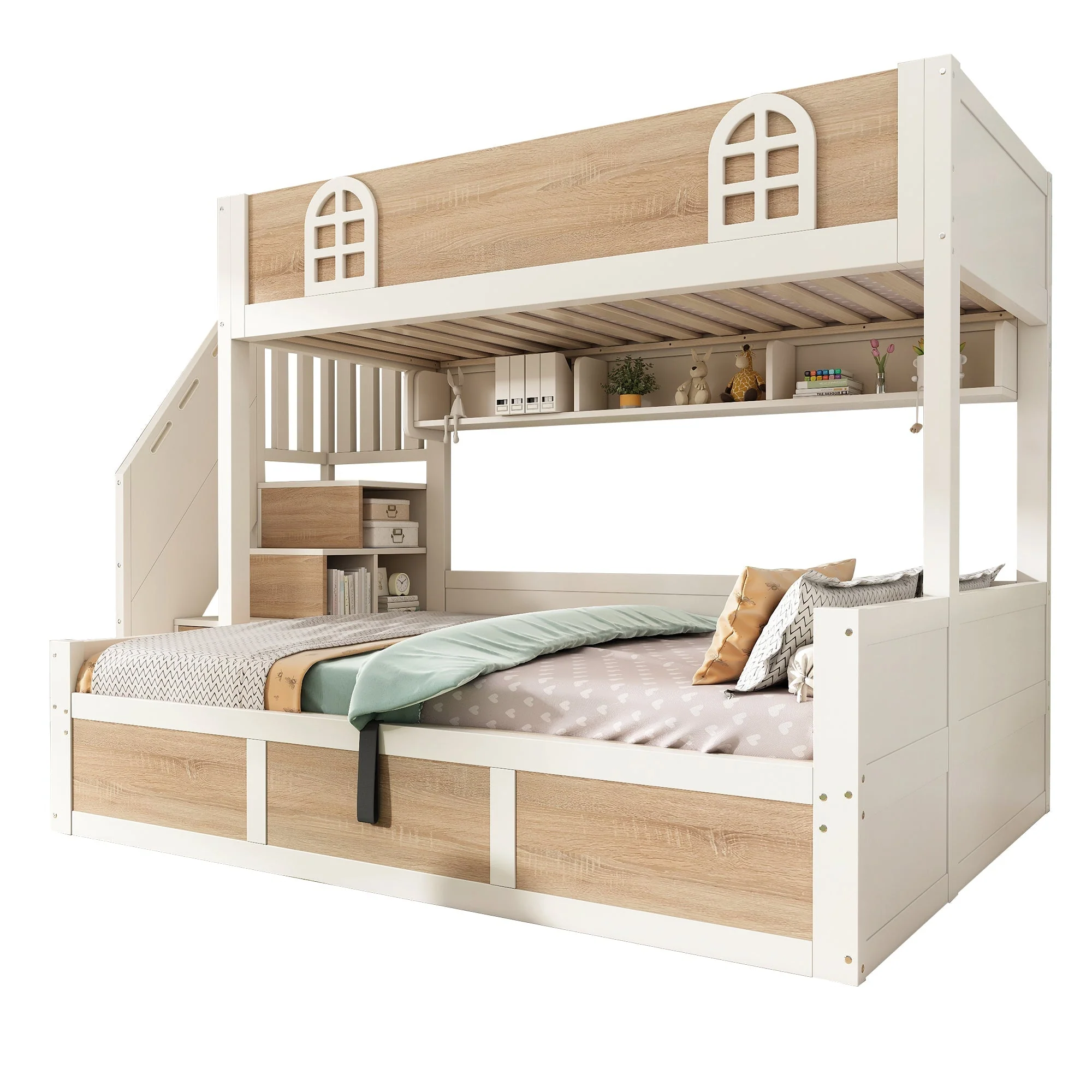 Children's Bunk Bed with Hydraulic Storage and Staircase Wardrobe, 90x200 and 140x200 cm, White and Natural Wood - Image 6