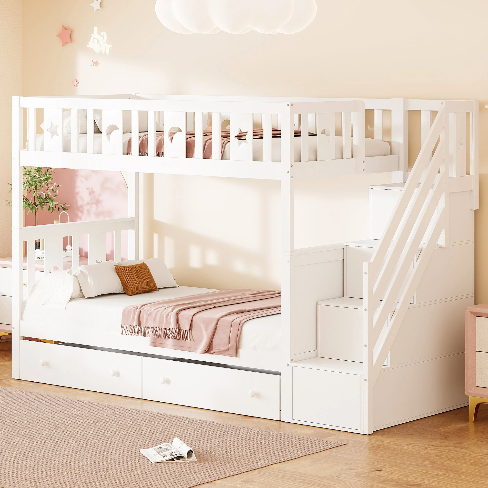 Children's Bunk Bed with Safety Stairs, Storage Drawers, Slatted Base, White Solid Wood - Image 2