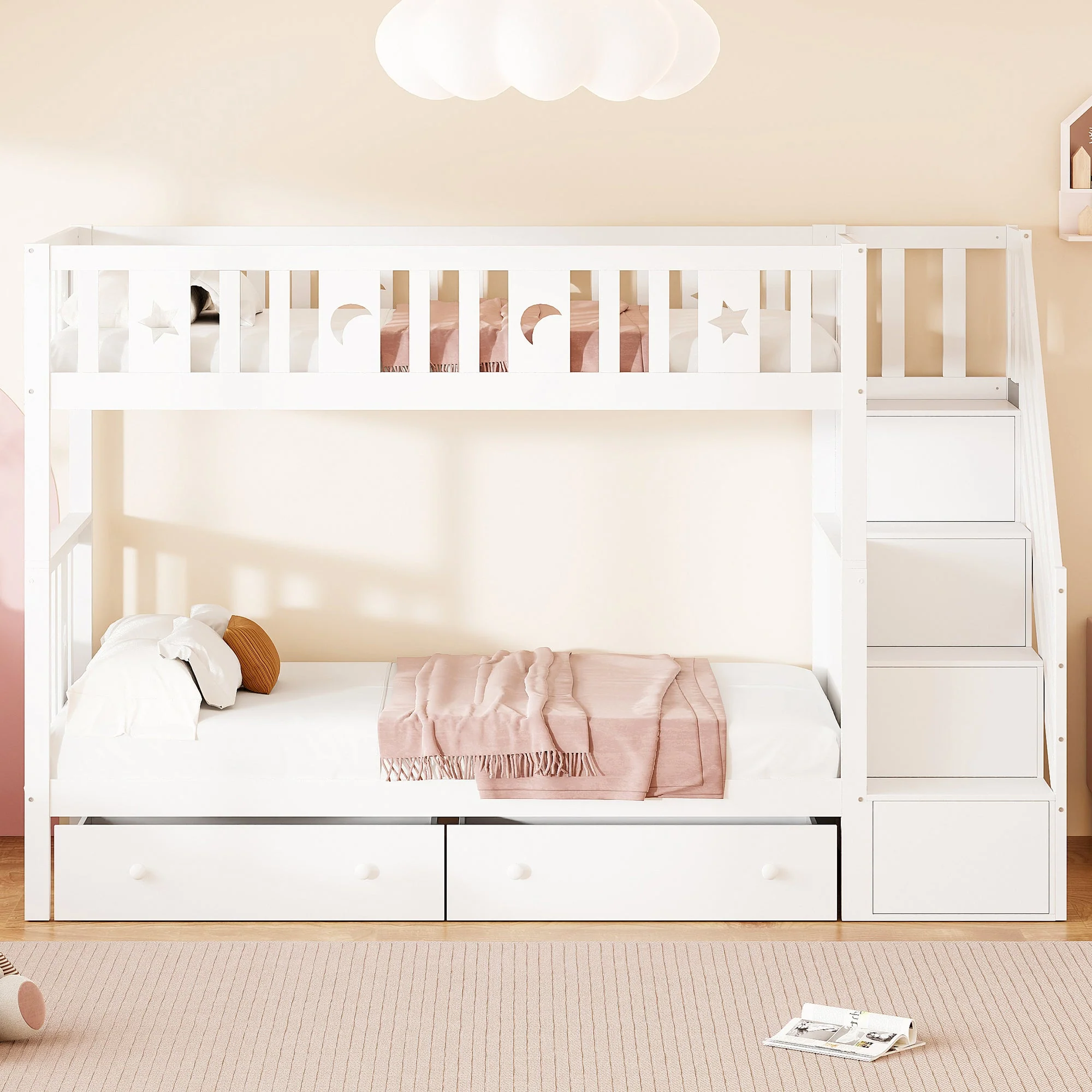 Children's Bunk Bed with Safety Stairs, Storage Drawers, Slatted Base, White Solid Wood - Image 3