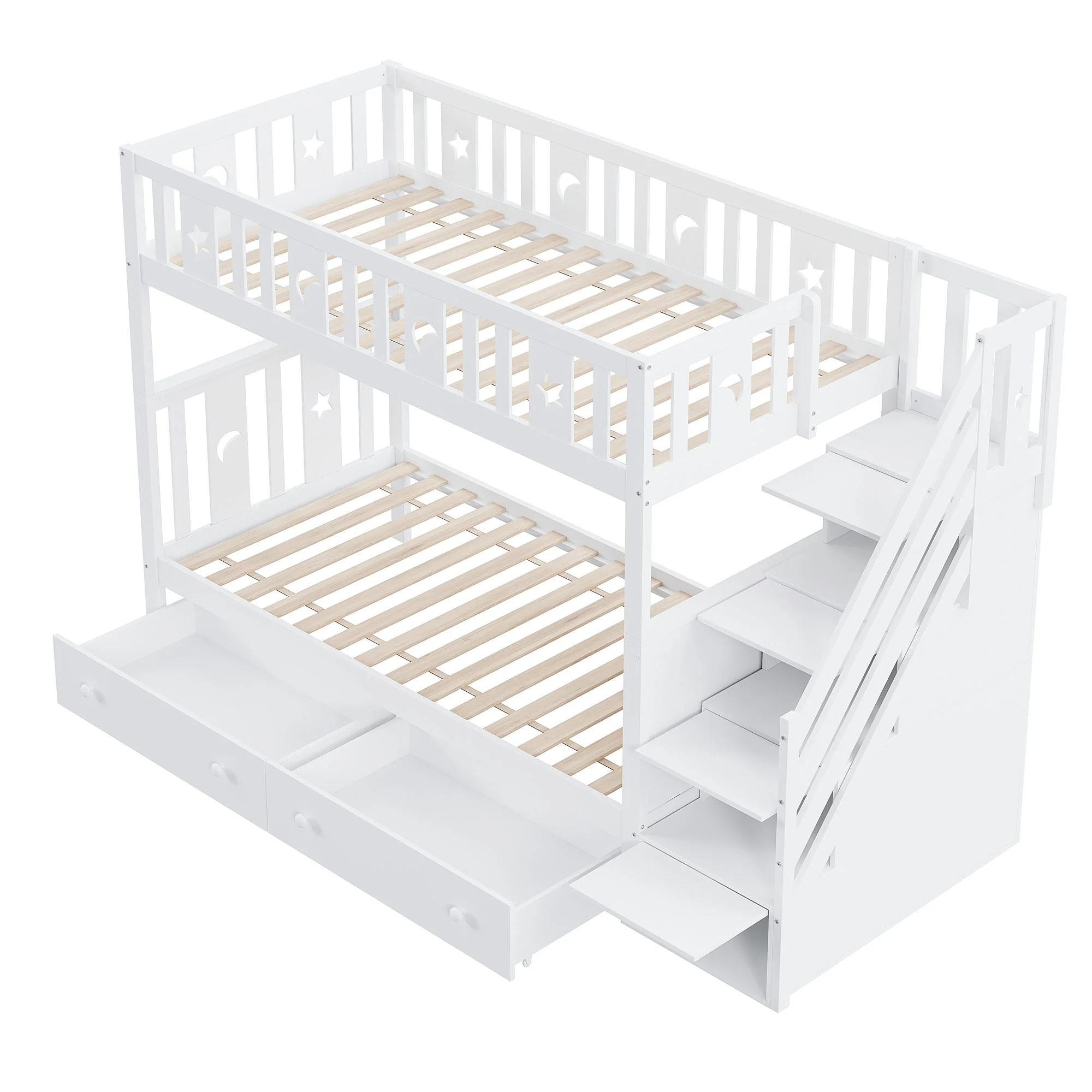 Children's Bunk Bed with Safety Stairs, Storage Drawers, Slatted Base, White Solid Wood - Image 9