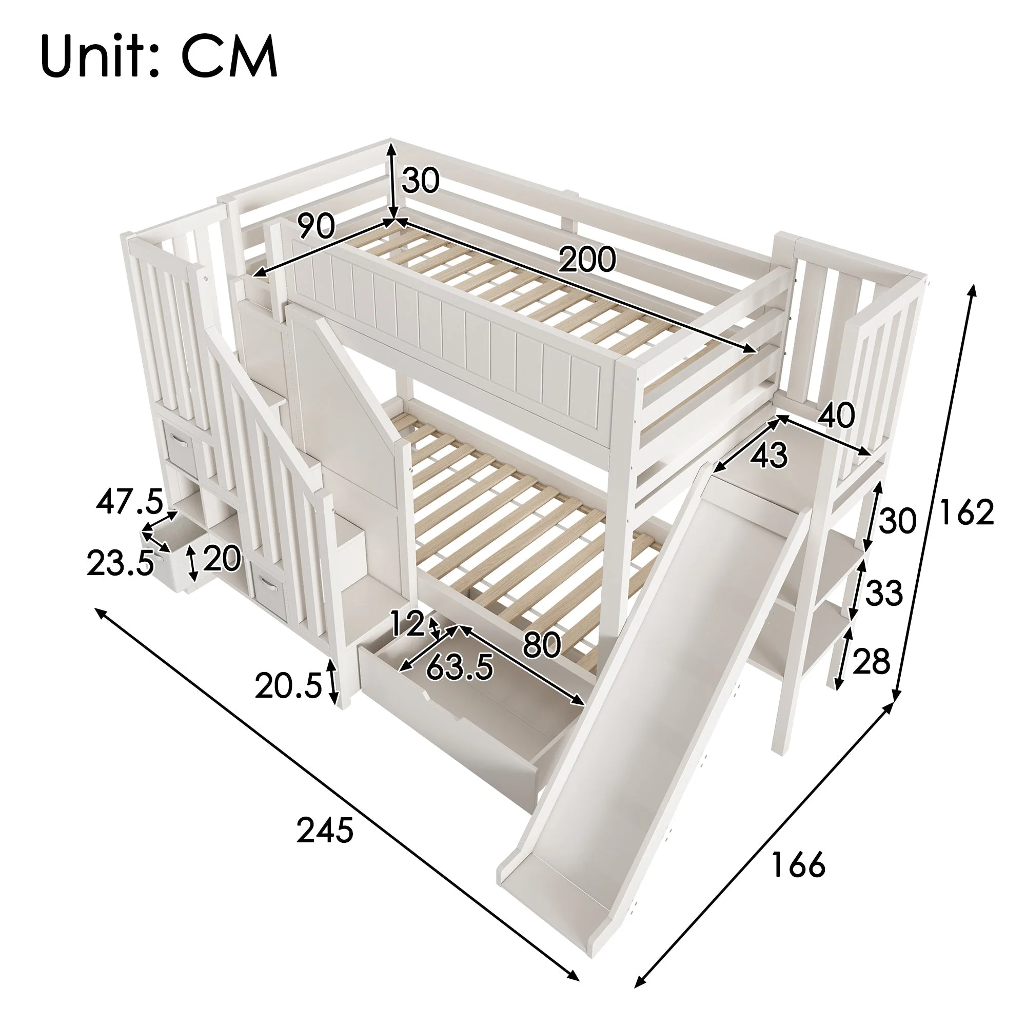 Children's Bunk Bed with Slide, Ladder Wardrobe, Drawers and Shelf, 90x200cm, White - Image 2