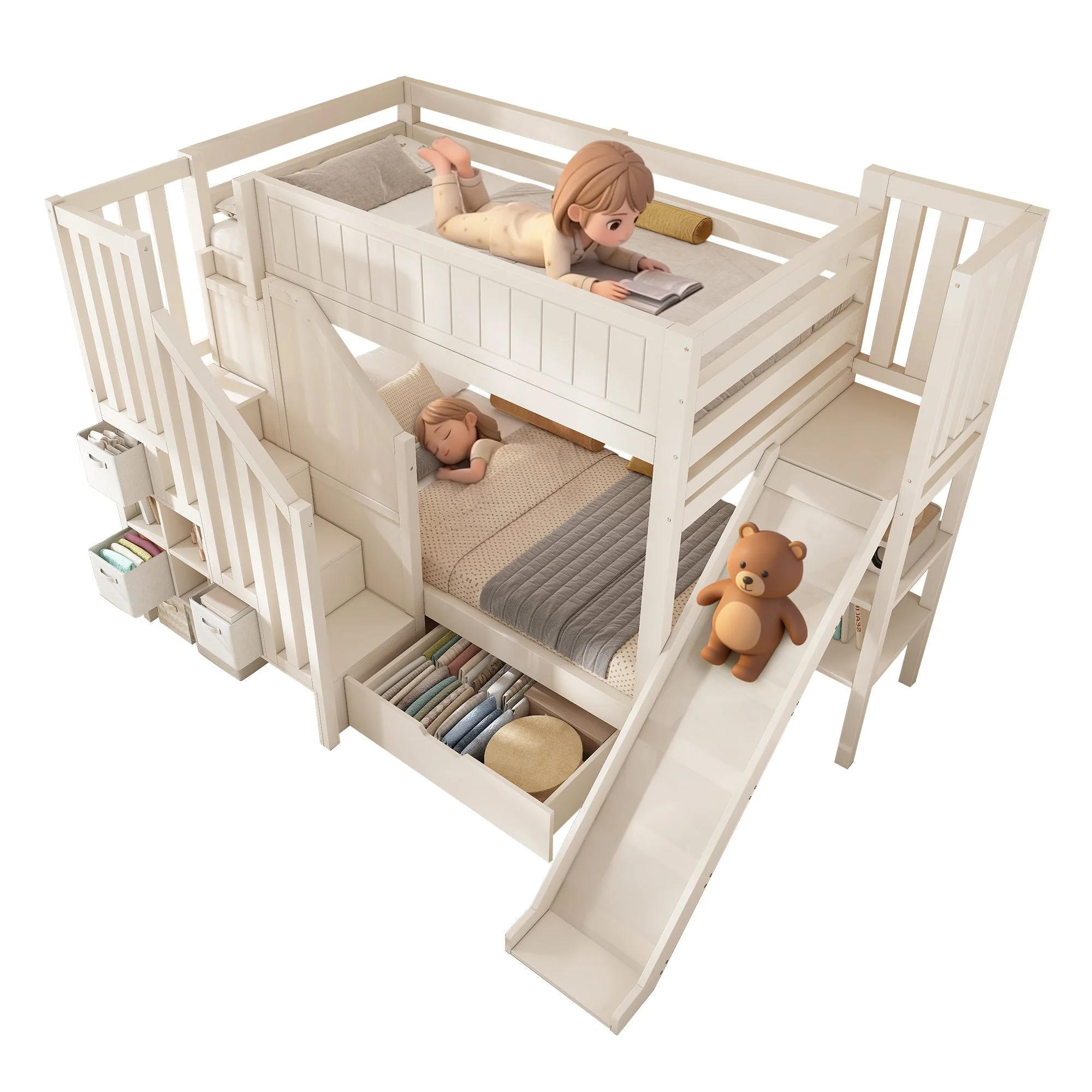Children's Bunk Bed with Slide, Ladder Wardrobe, Drawers and Shelf, 90x200cm, White - Image 3