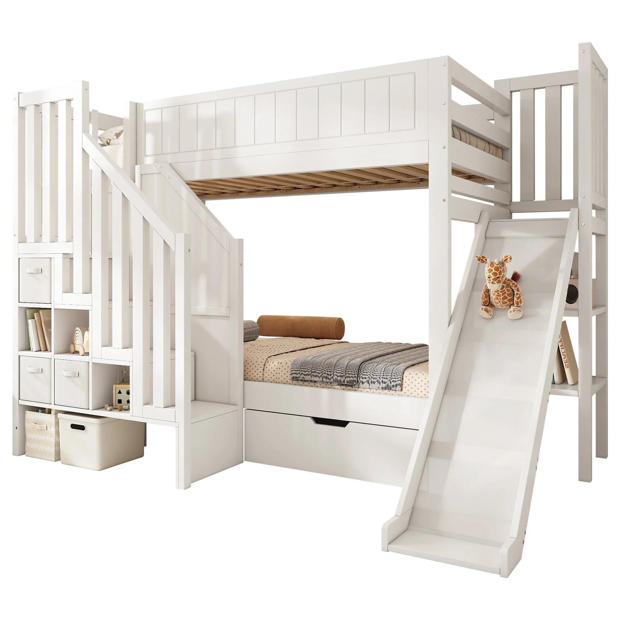 Children's Bunk Bed with Slide, Ladder Wardrobe, Drawers and Shelf, 90x200cm, White - Image 4