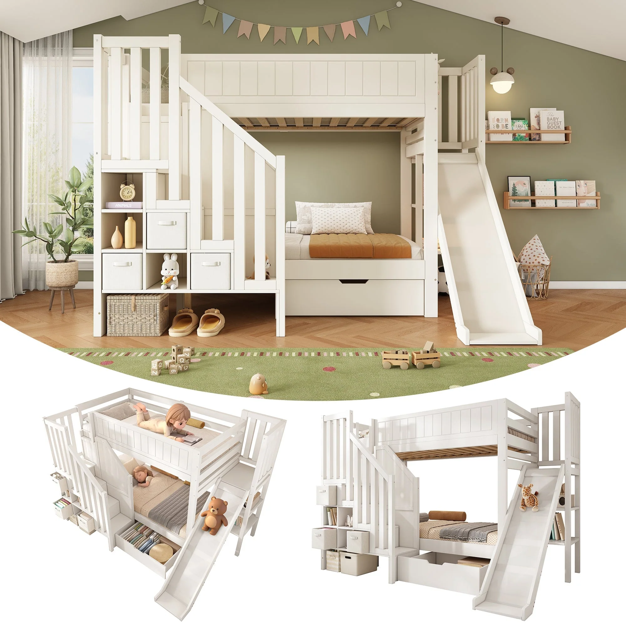 Children's Bunk Bed with Slide, Ladder Wardrobe, Drawers and Shelf, 90x200cm, White - Image 5