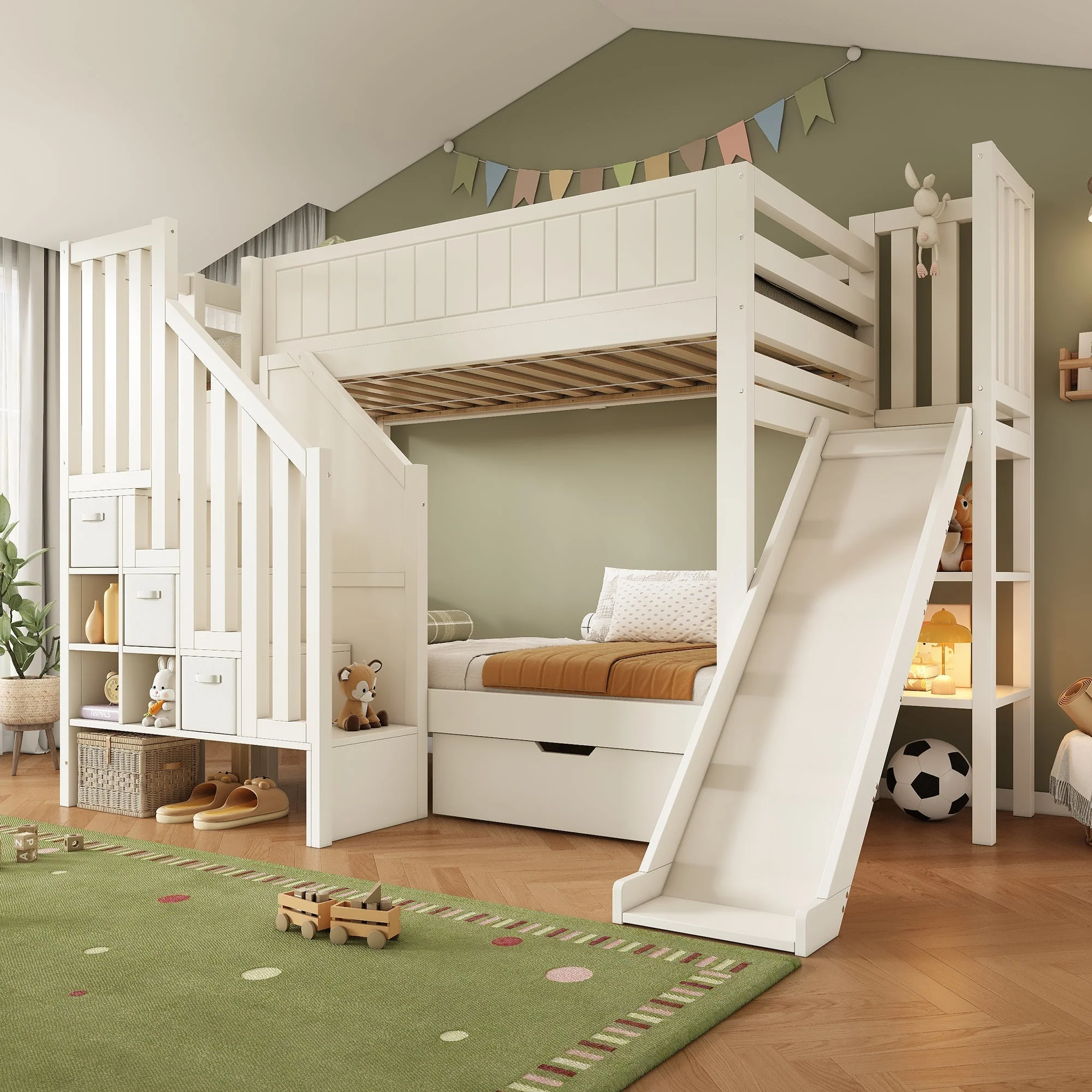Children's Bunk Bed with Slide, Ladder Wardrobe, Drawers and Shelf, 90x200cm, White - Image 7