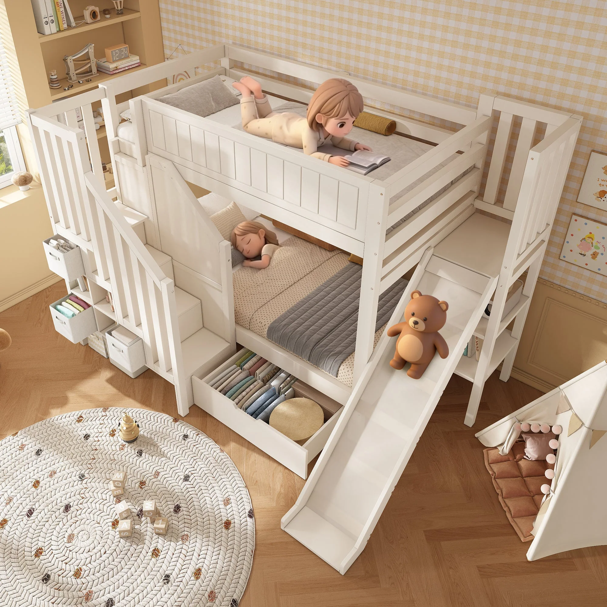 Children's Bunk Bed with Slide, Ladder Wardrobe, Drawers and Shelf, 90x200cm, White - Image 8