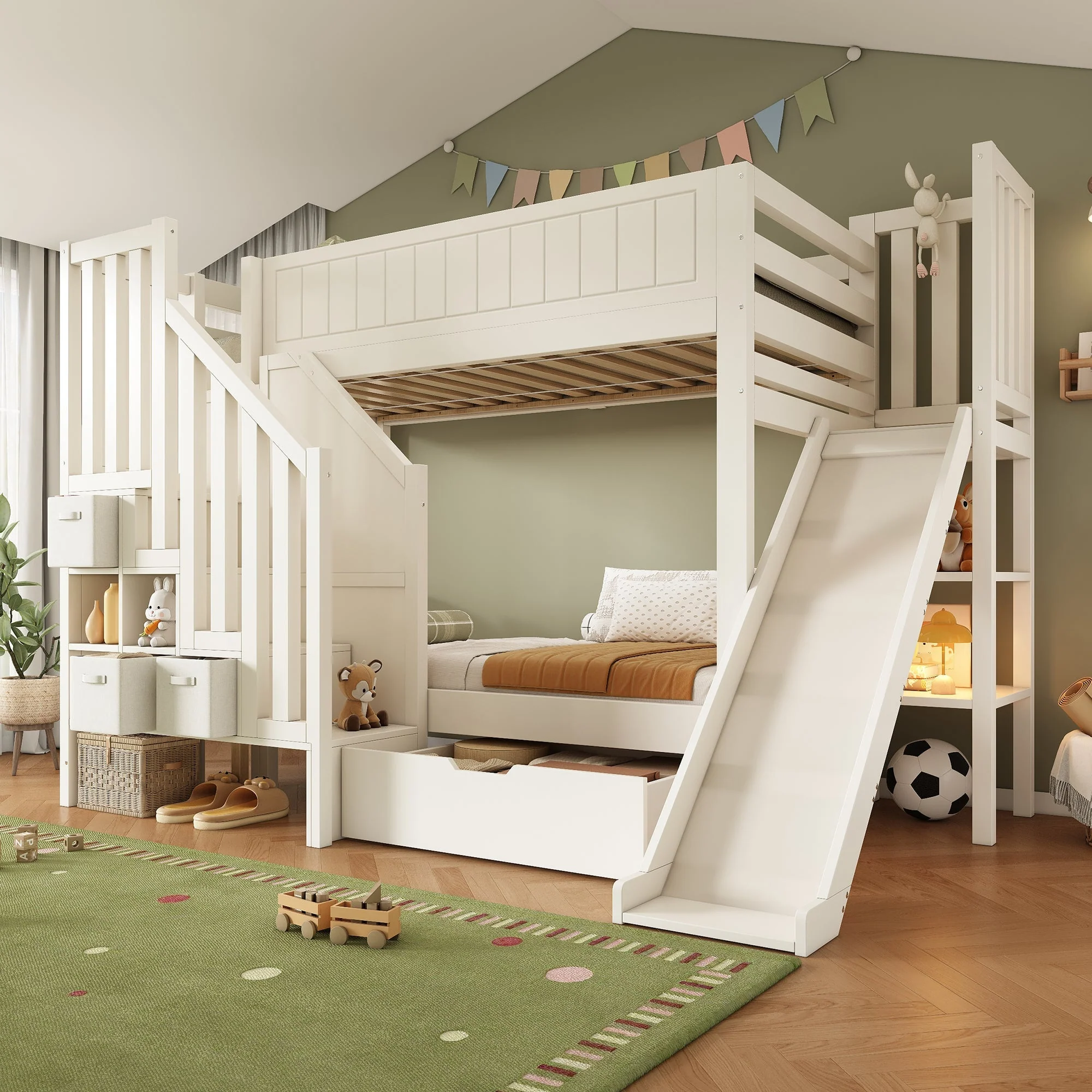 Children's Bunk Bed with Slide, Ladder Wardrobe, Drawers and Shelf, 90x200cm, White - Image 9