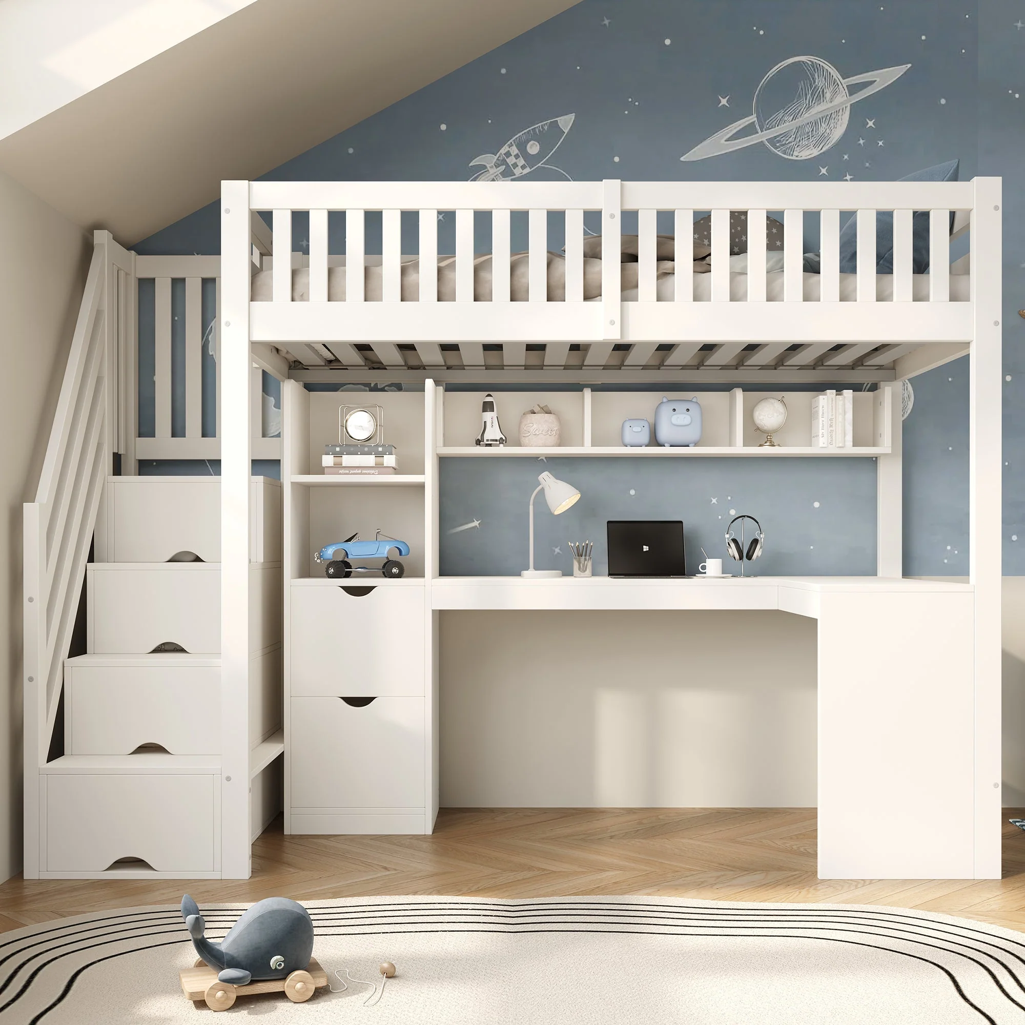 Children's Bunk Bed with Staircase, Corner Desk and Storage, White Pine Wood - Image 7