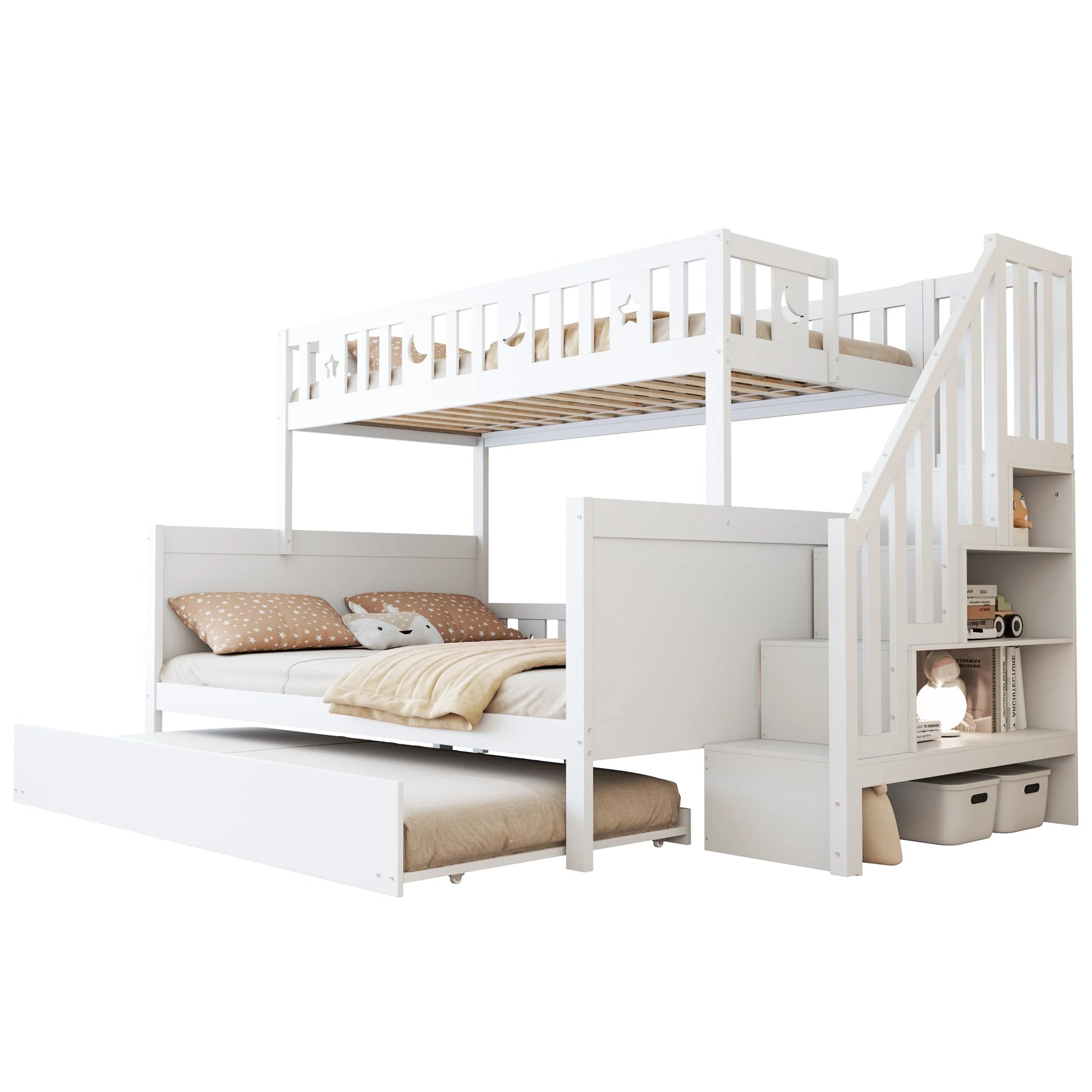 Children's Bunk Bed with Storage and Pull-out Bed, White - Image 10