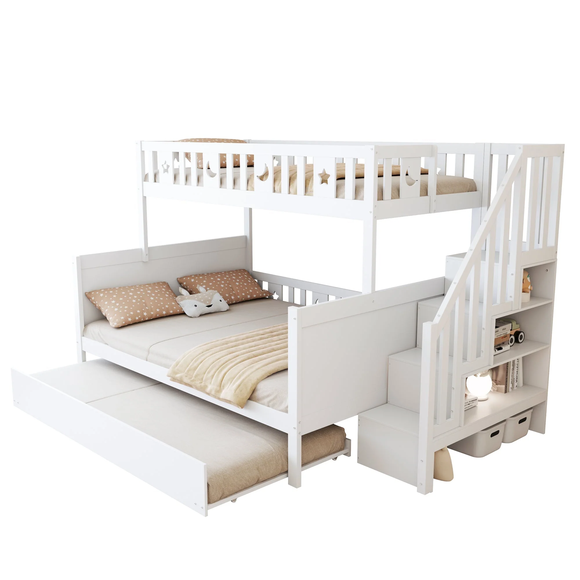Children's Bunk Bed with Storage and Pull-out Bed, White - Image 2