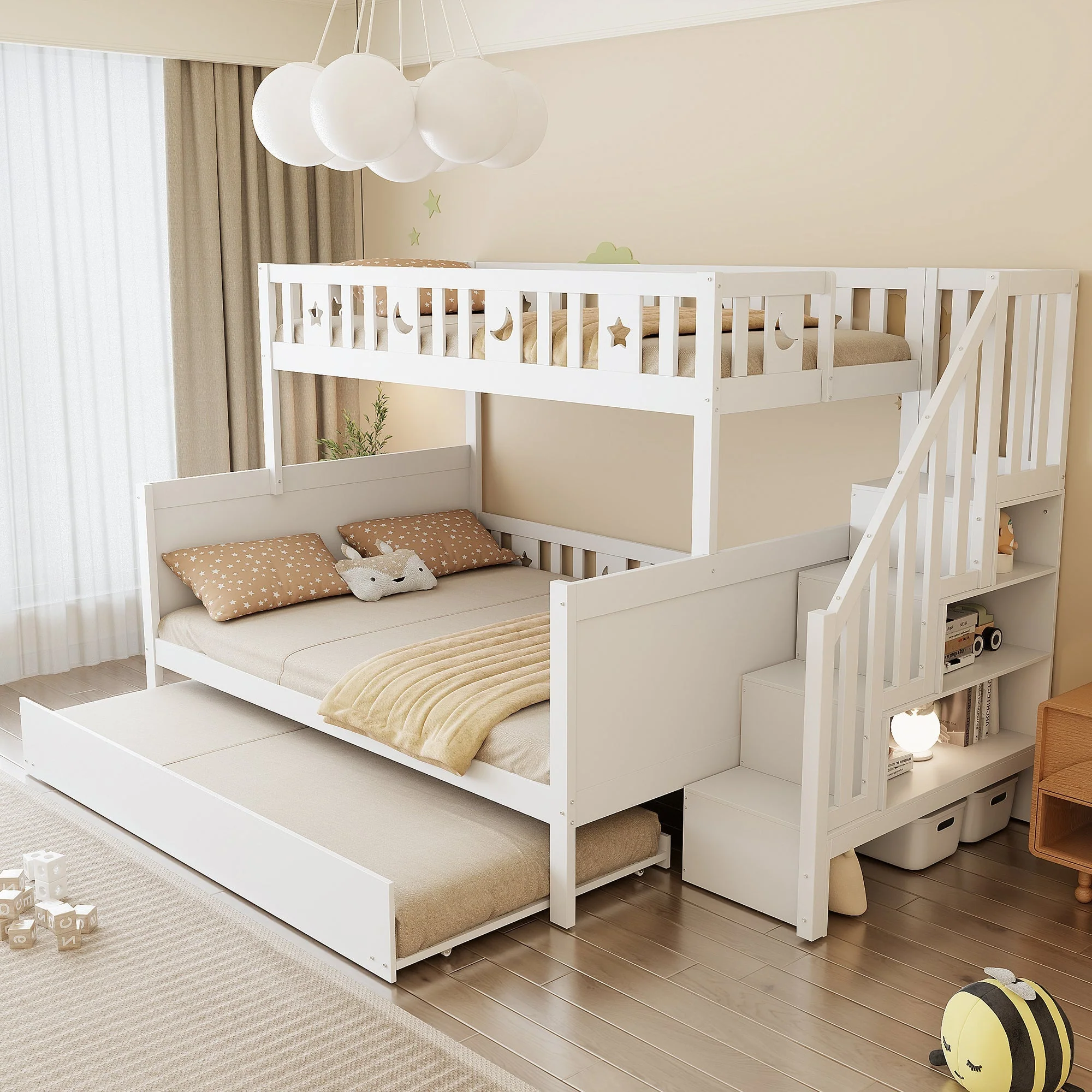 Children's Bunk Bed with Storage and Pull-out Bed, White - Image 3