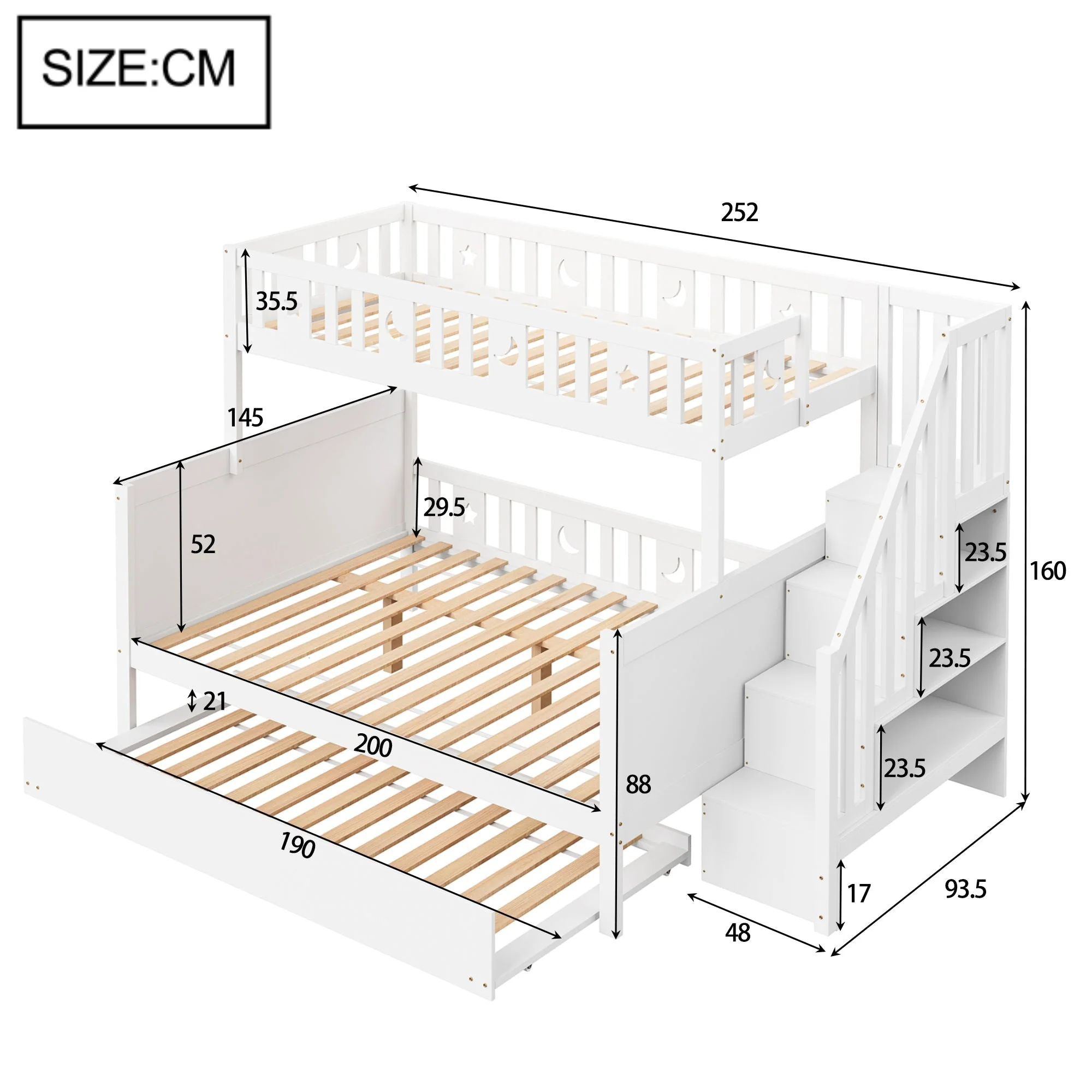 Children's Bunk Bed with Storage and Pull-out Bed, White - Image 8
