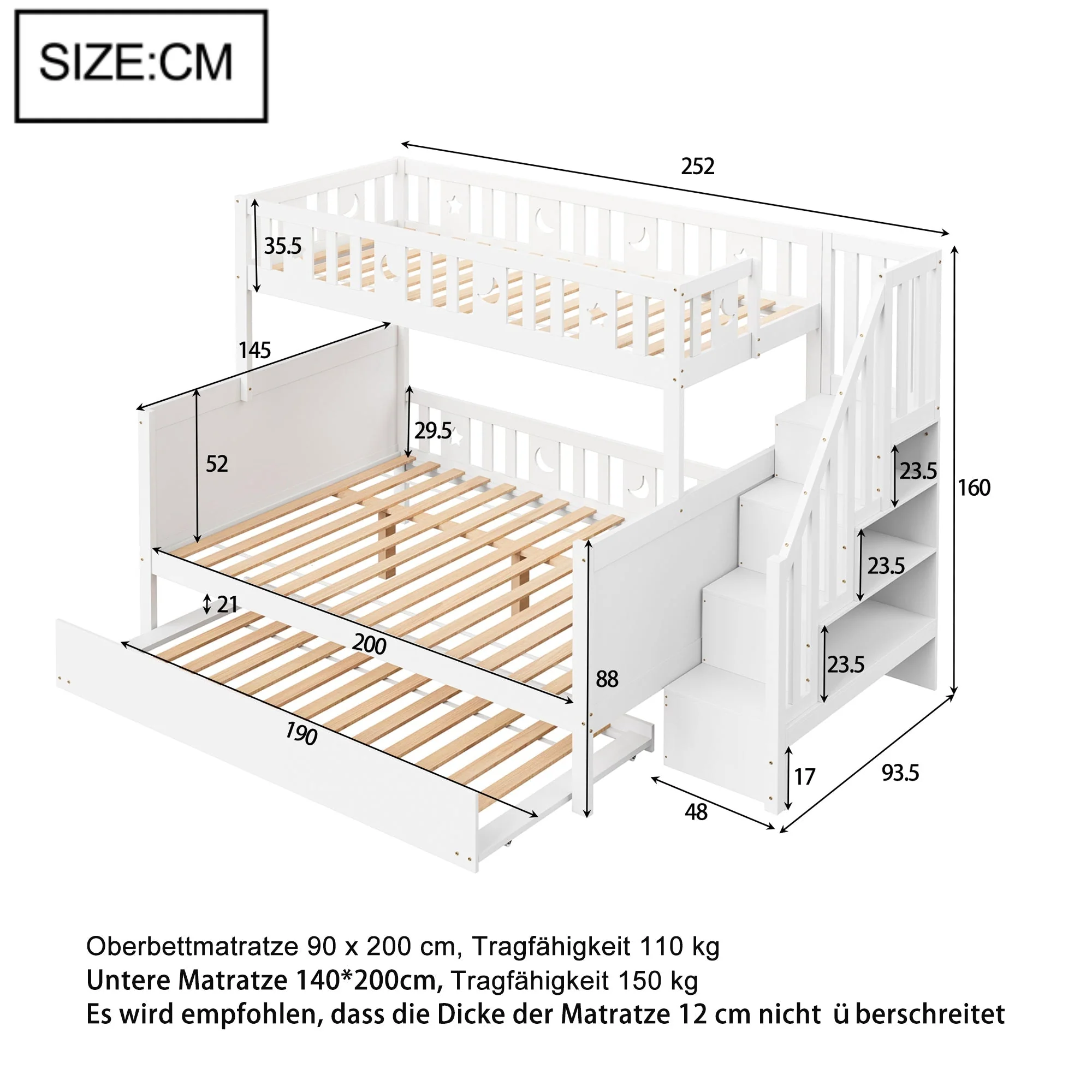 Children's Bunk Bed with Storage and Pull-out Bed, White - Image 9