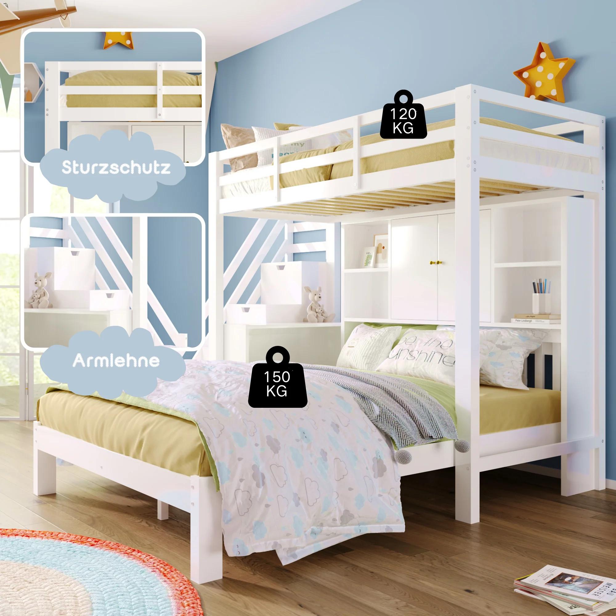 Children's Bunk Bed with Storage Stairs and Movable Side Table, 90x200cm and 140x200cm, White - Image 4
