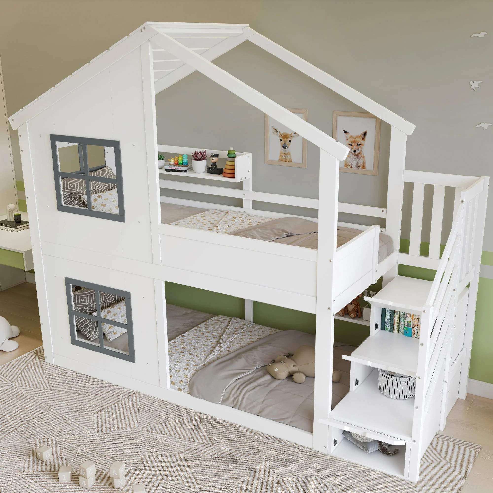Children's Bunk Bed with Windows, Roof and Storage Cabinet, White and Grey - Image 6