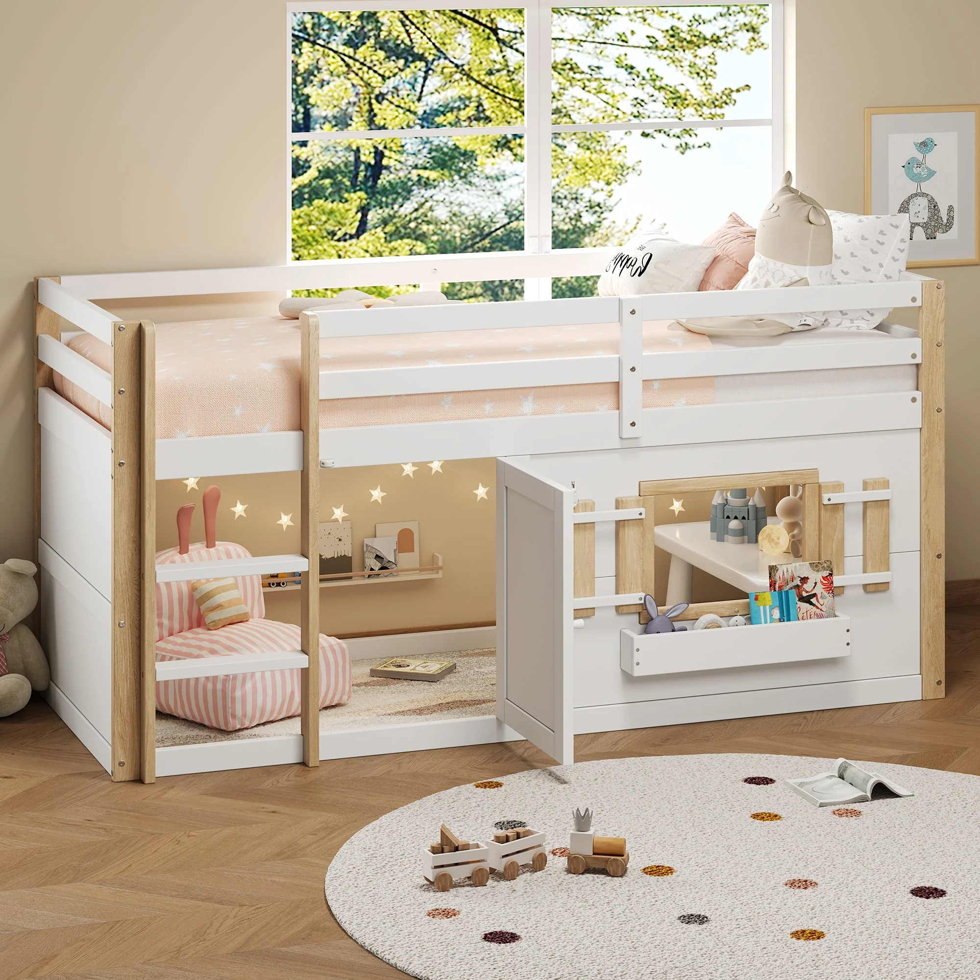 Children's Bunk/Loft Bed Multifunctional with Ladder & Play Area, White - Image 3