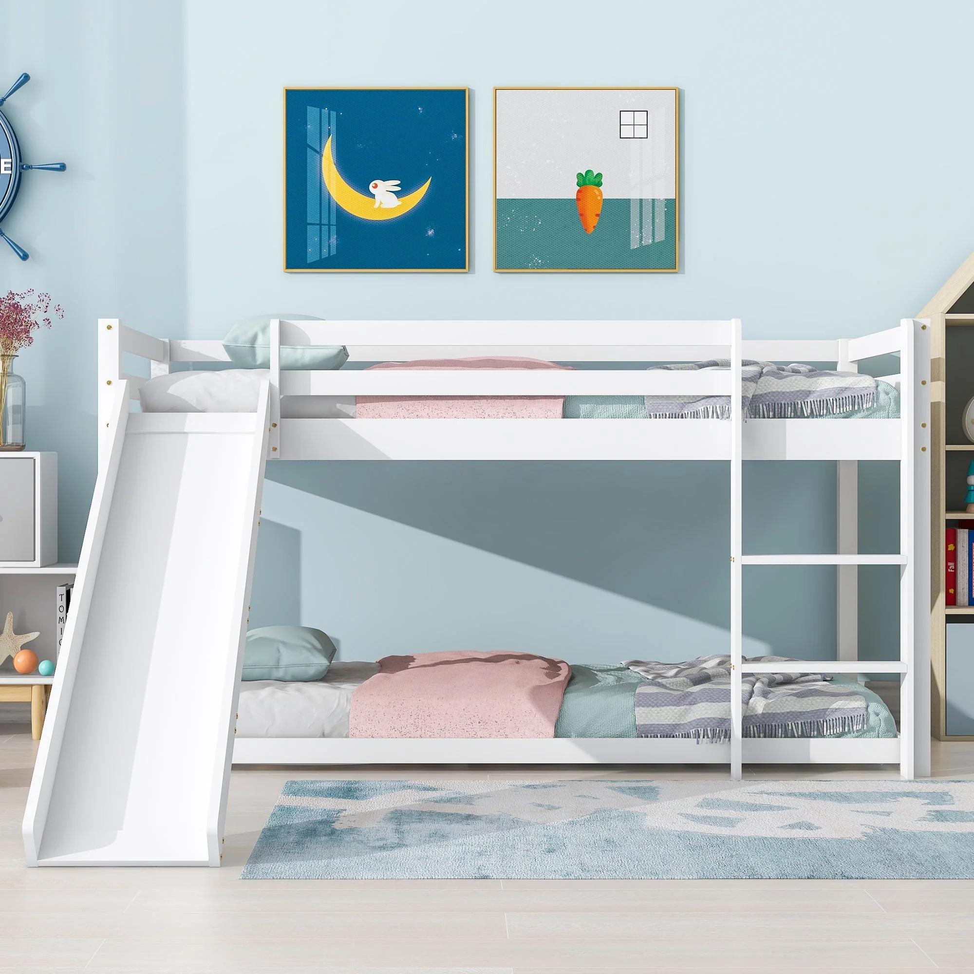 Children's Cabin Bed Frame with Slide & Ladder, Bunk Bed with Adjustable Lower Bed, White Wood - Image 2