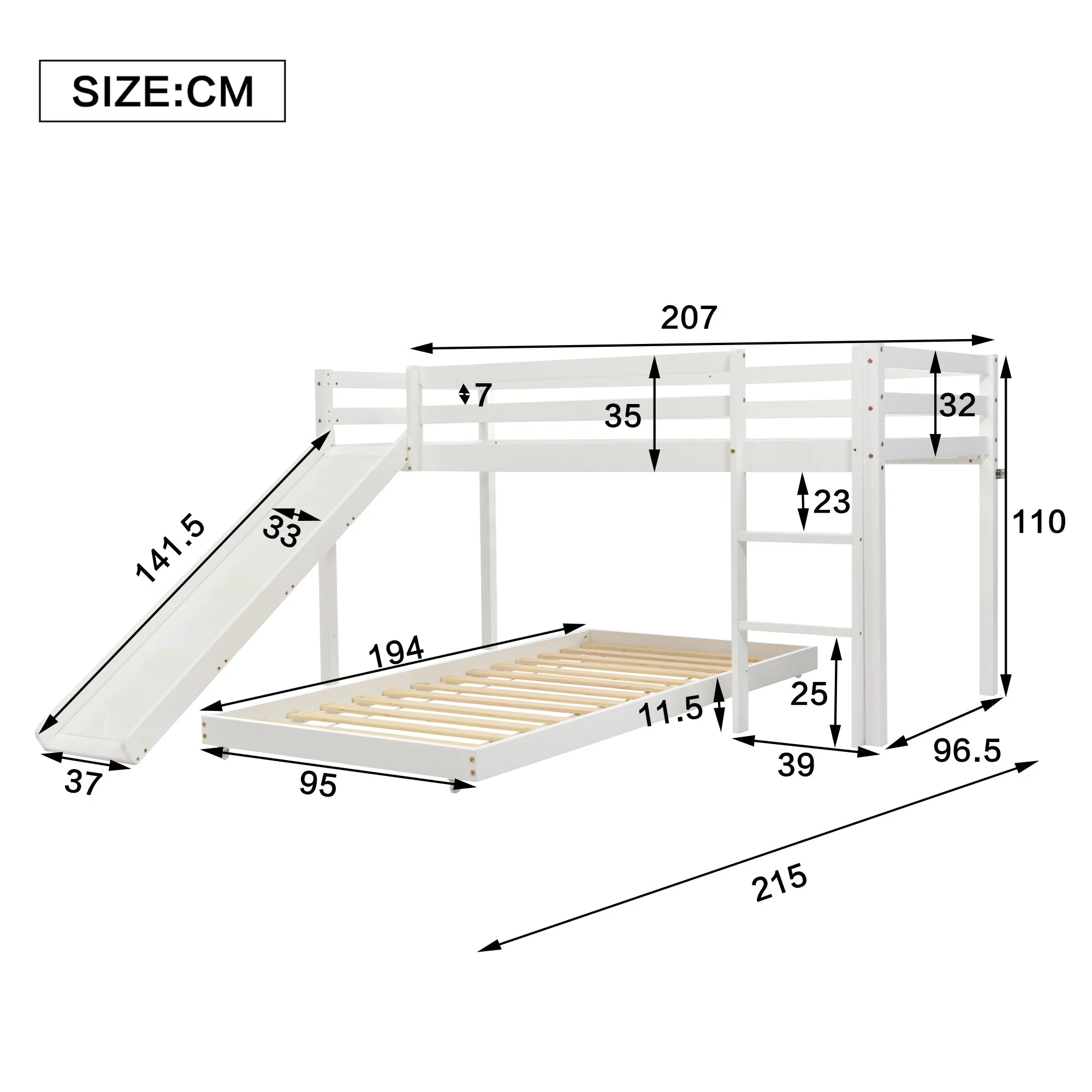 Children's Cabin Bed Frame with Slide & Ladder, Bunk Bed with Adjustable Lower Bed, White Wood - Image 4