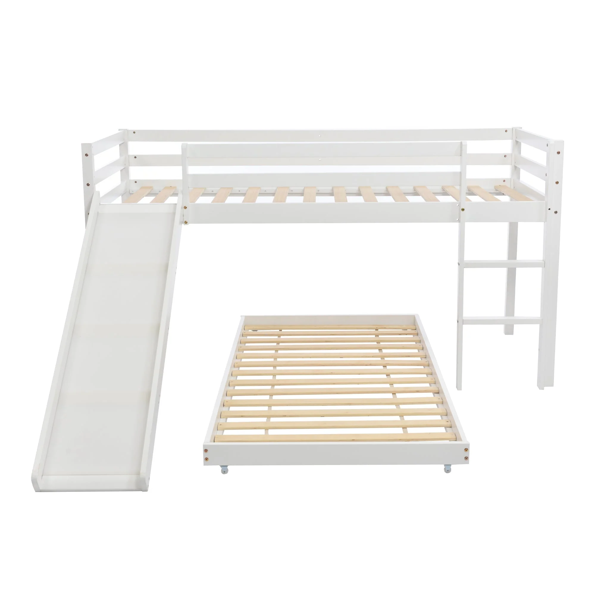 Children's Cabin Bed Frame with Slide & Ladder, Bunk Bed with Adjustable Lower Bed, White Wood - Image 5