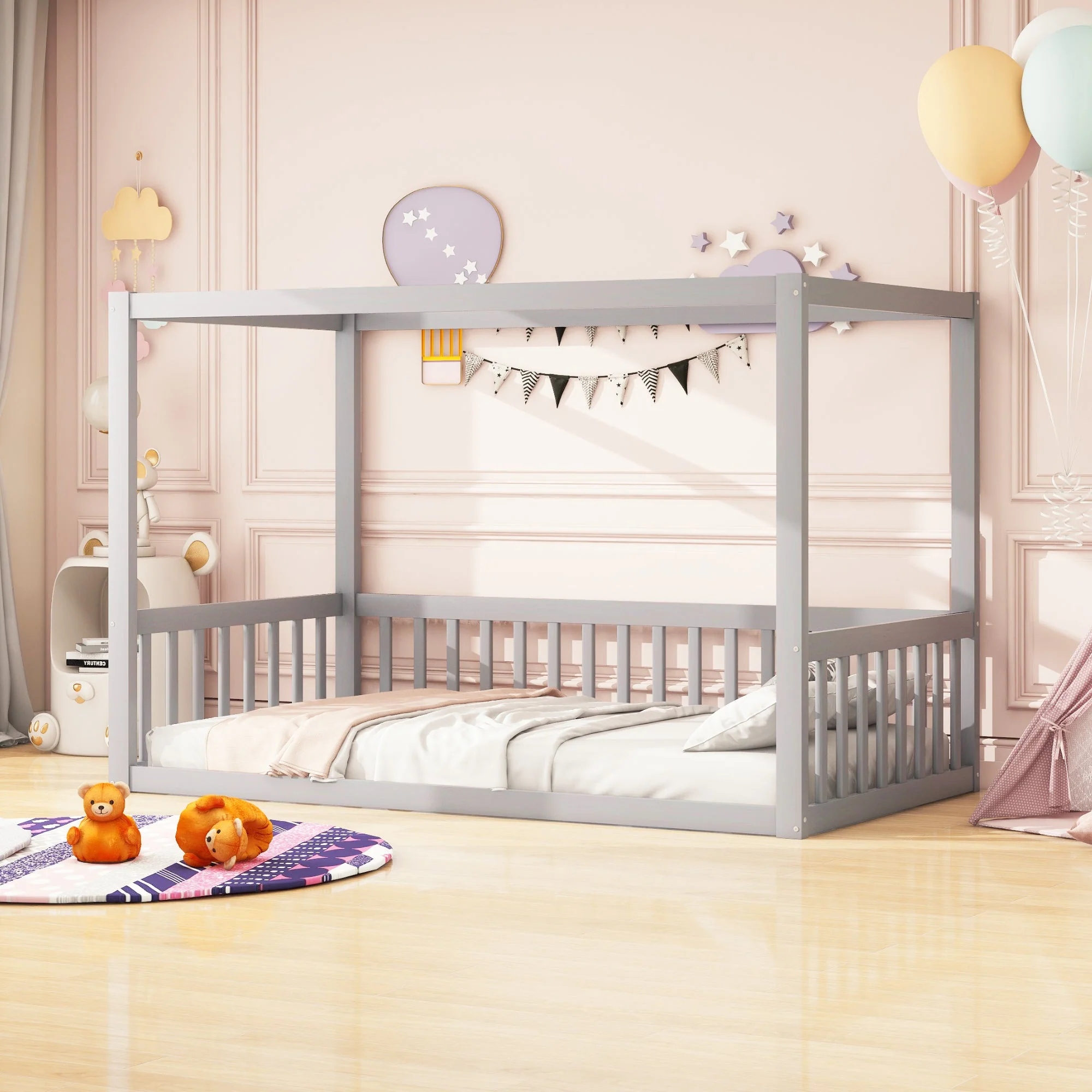 Children's Canopy Bed - 90 x 200 cm, Solid Wood Frame, Grey