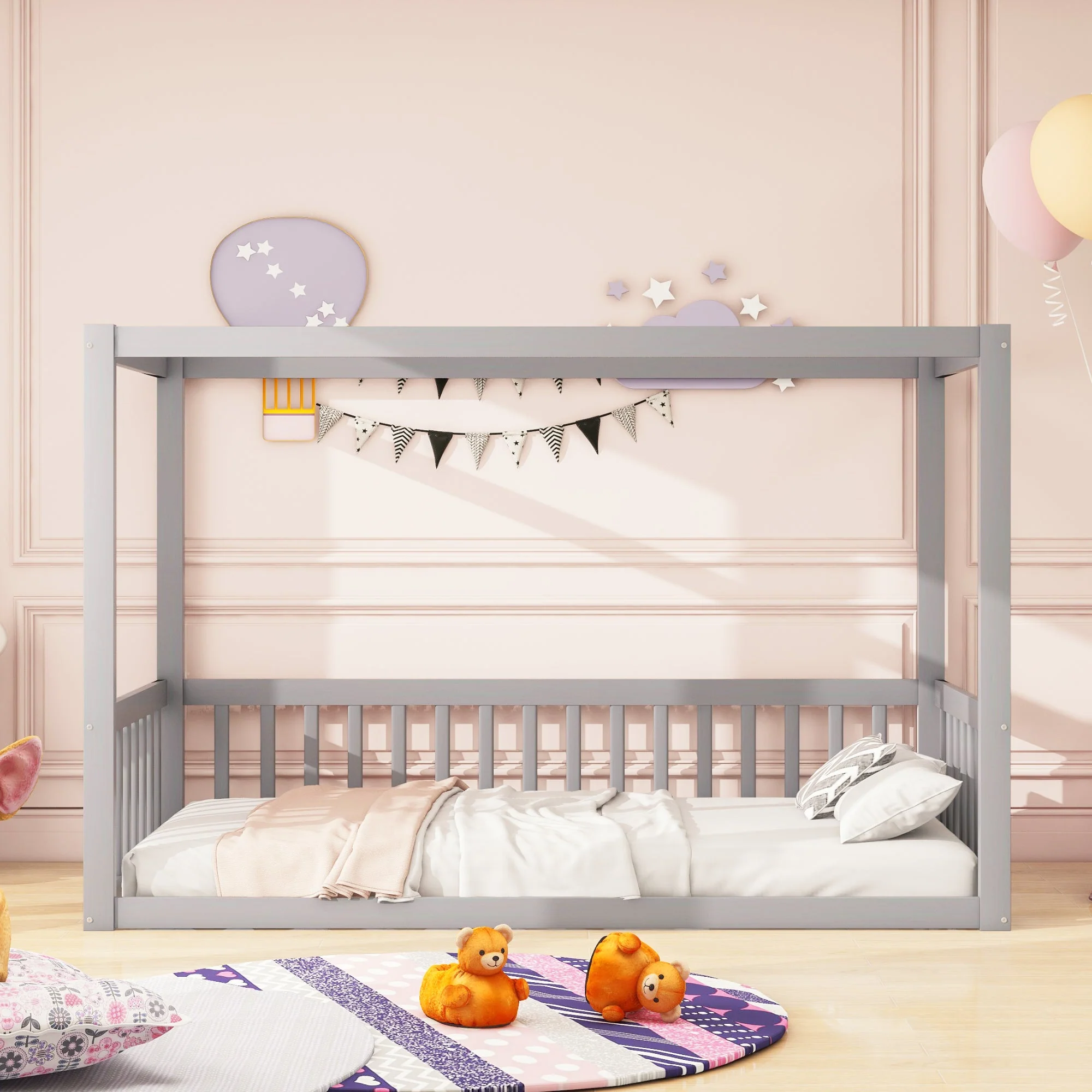 Children's Canopy Bed - 90 x 200 cm, Solid Wood Frame, Grey - Image 2