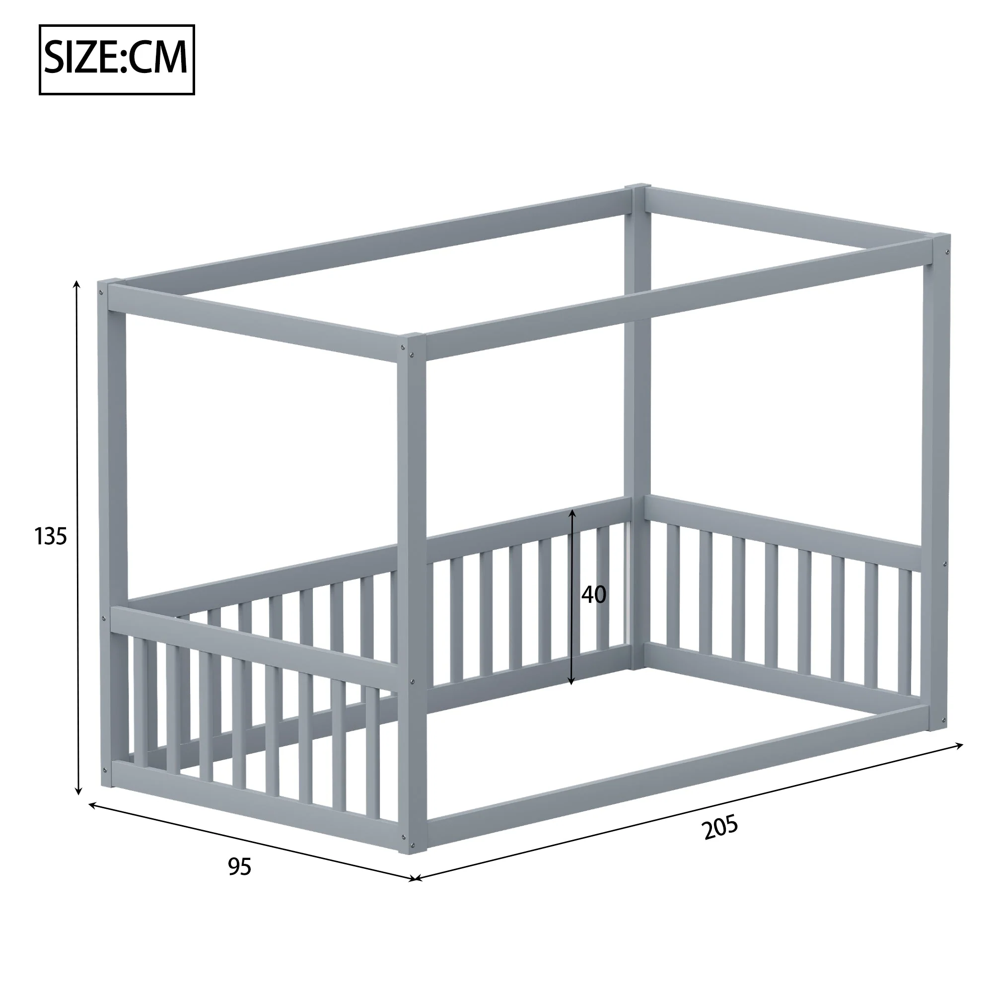 Children's Canopy Bed - 90 x 200 cm, Solid Wood Frame, Grey - Image 4