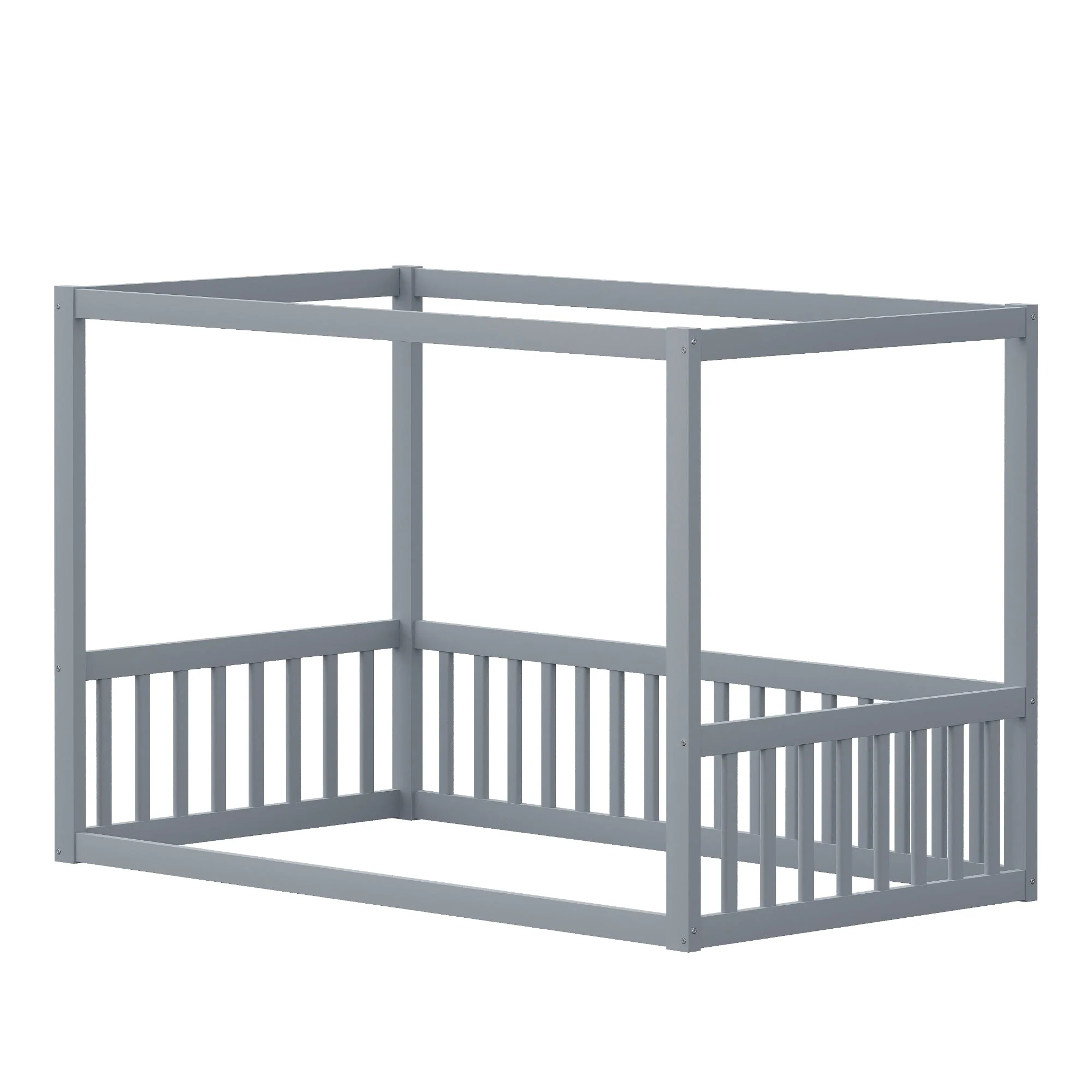 Children's Canopy Bed - 90 x 200 cm, Solid Wood Frame, Grey - Image 6