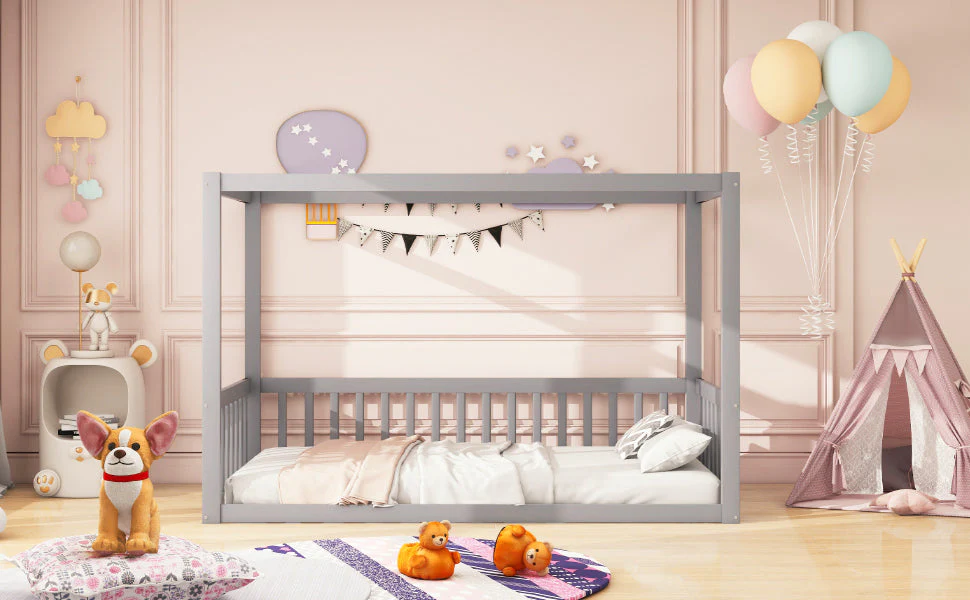 Children's Canopy Bed - 90 x 200 cm, Solid Wood Frame, Grey - Image 9