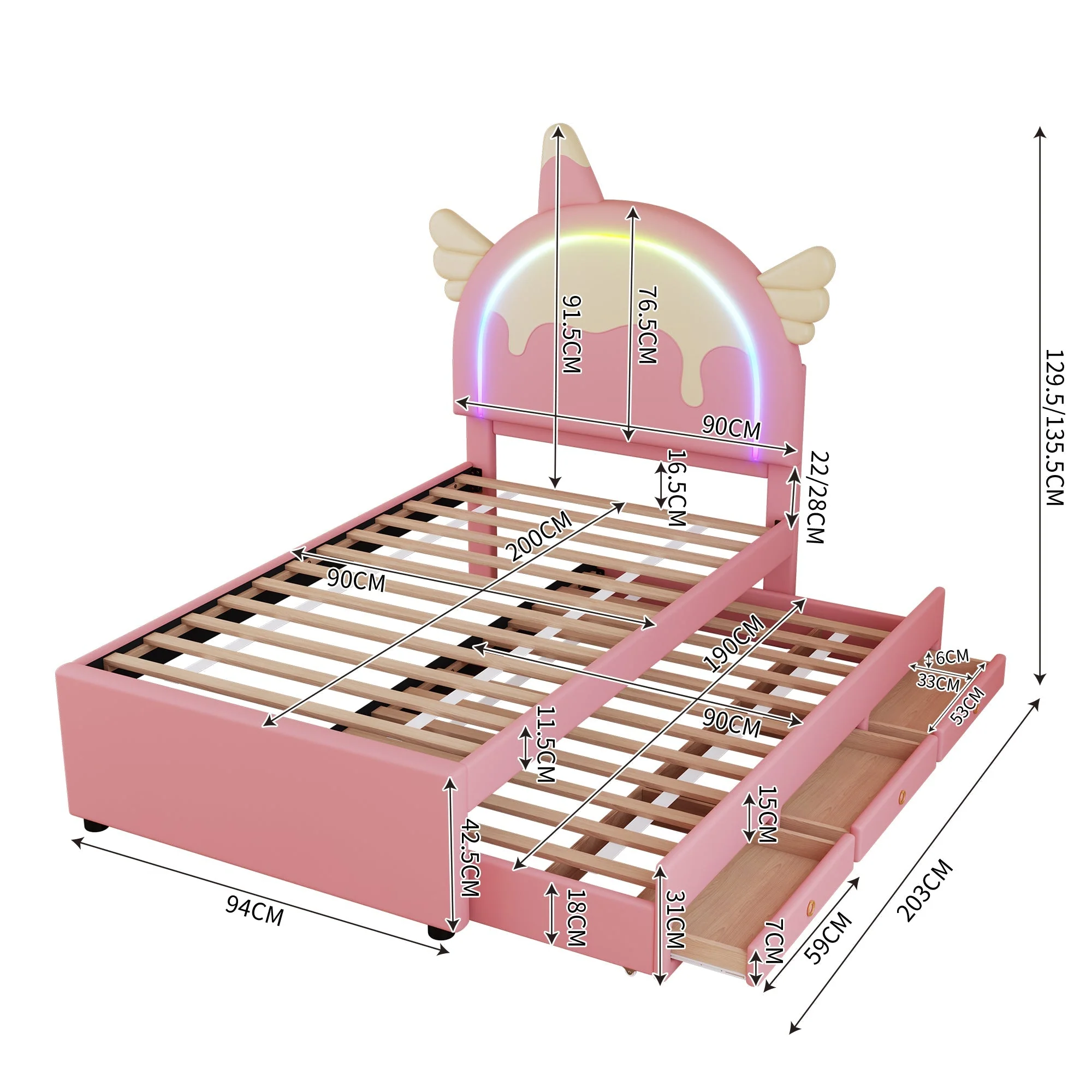 Children's Cartoon Bed 90x200cm Unicorn Shape Extendable Rollaway - PU Pink - Image 5