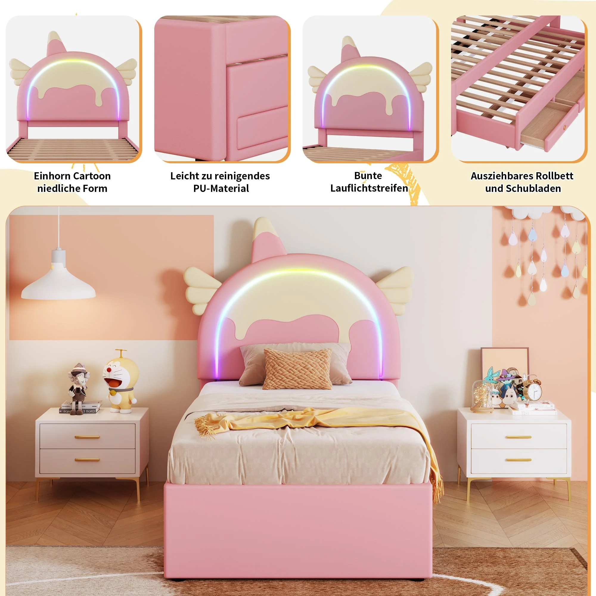 Children's Cartoon Bed 90x200cm Unicorn Shape Extendable Rollaway - PU Pink - Image 6