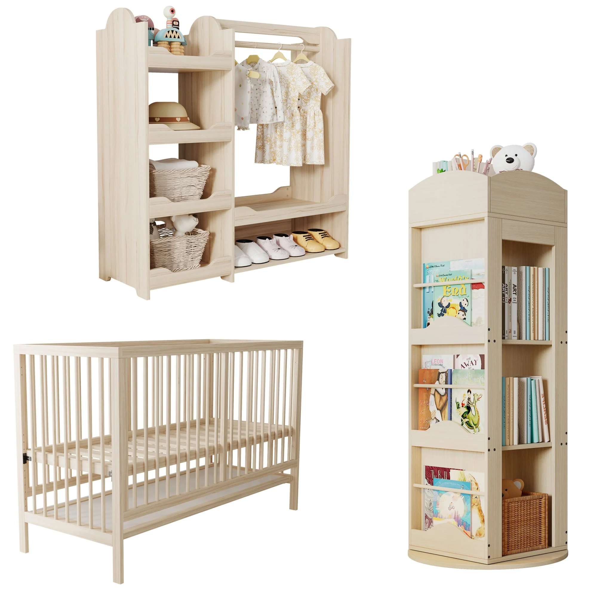 Children's Combination Furniture: Multifunctional Baby Bed, Wardrobe & Rotating Bookcase, Natural Colors - Image 2