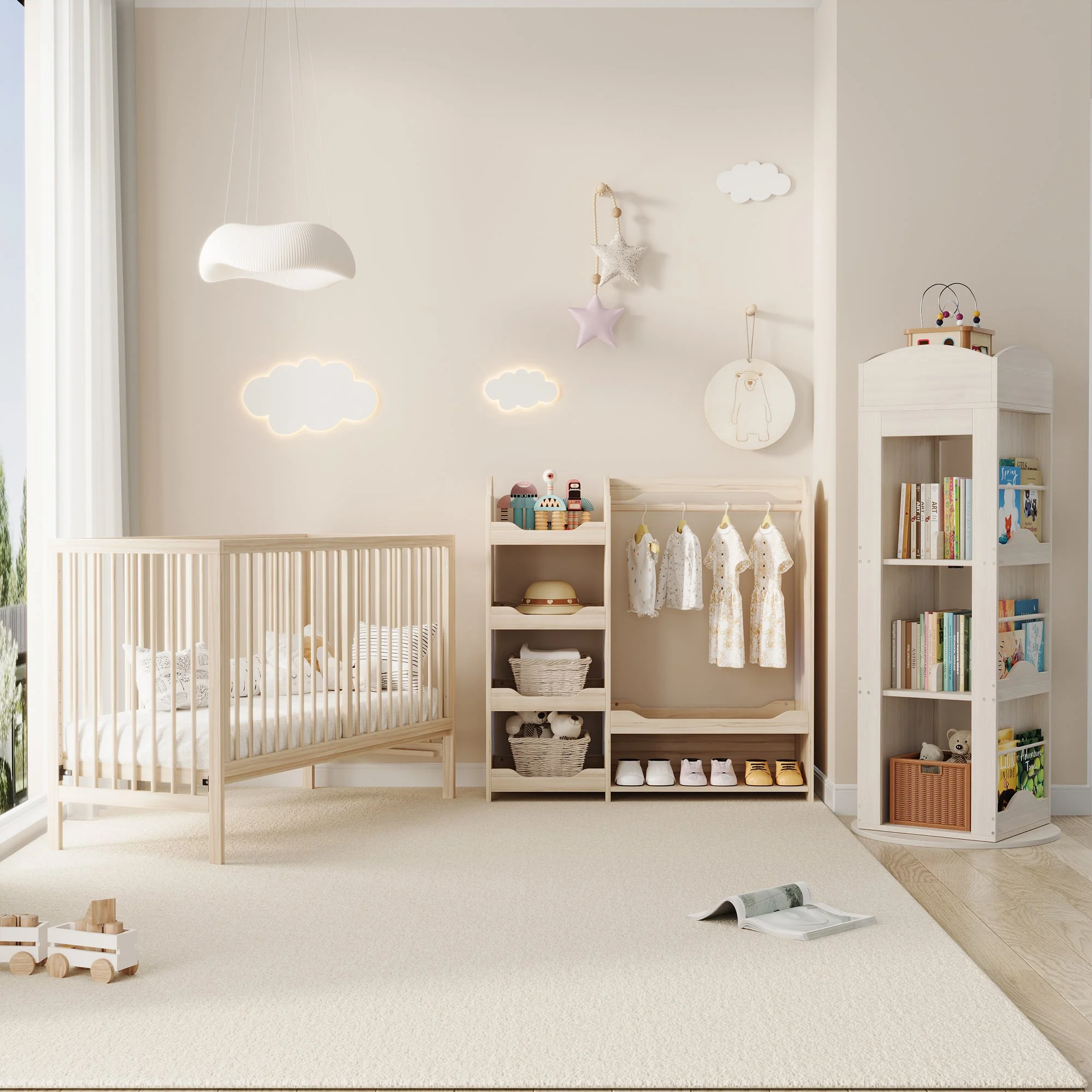 Children's Combination Furniture: Multifunctional Baby Bed, Wardrobe & Rotating Bookcase, Natural Colors - Image 3