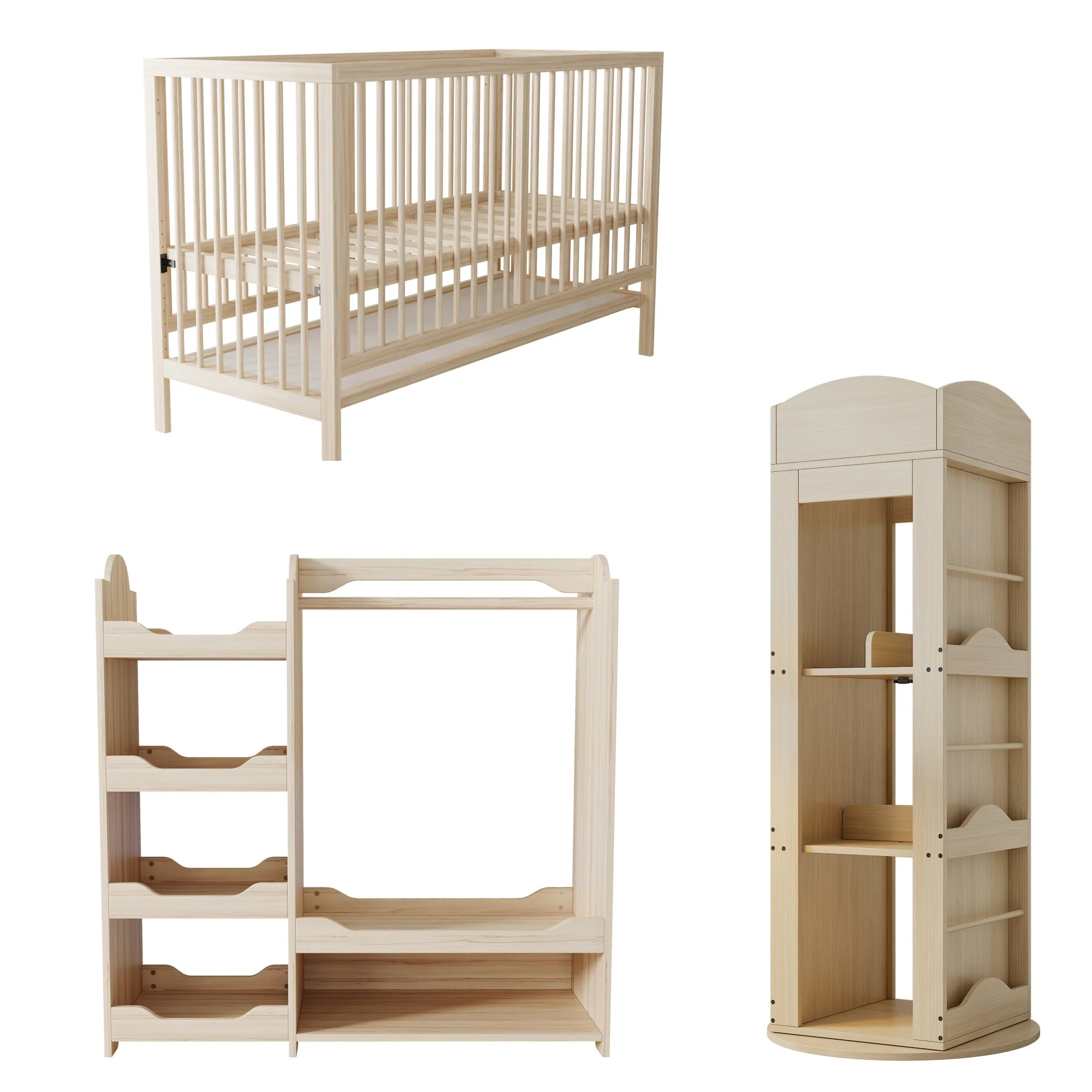 Children's Combination Furniture: Multifunctional Baby Bed, Wardrobe & Rotating Bookcase, Natural Colors - Image 4