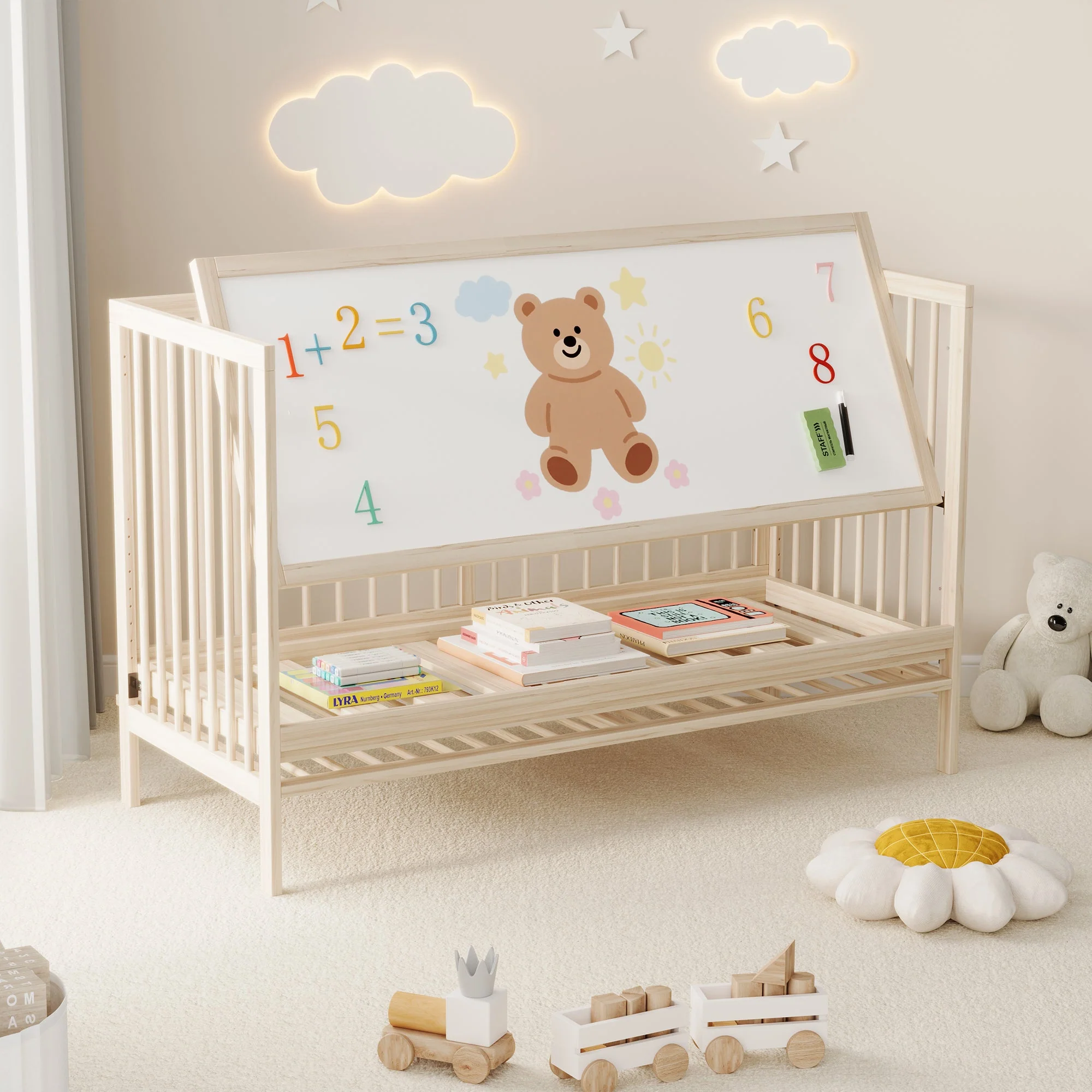 Children's Combination Furniture: Multifunctional Baby Bed, Wardrobe & Rotating Bookcase, Natural Colors - Image 9