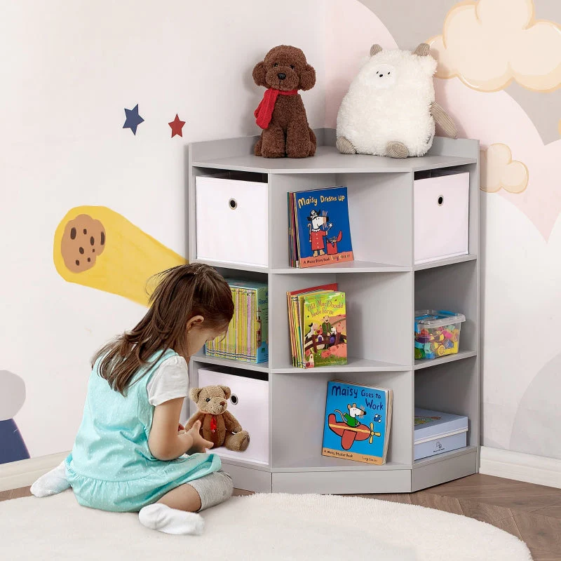 Children's corner shelf with 3 storage boxes, toy storage, gray - Image 2