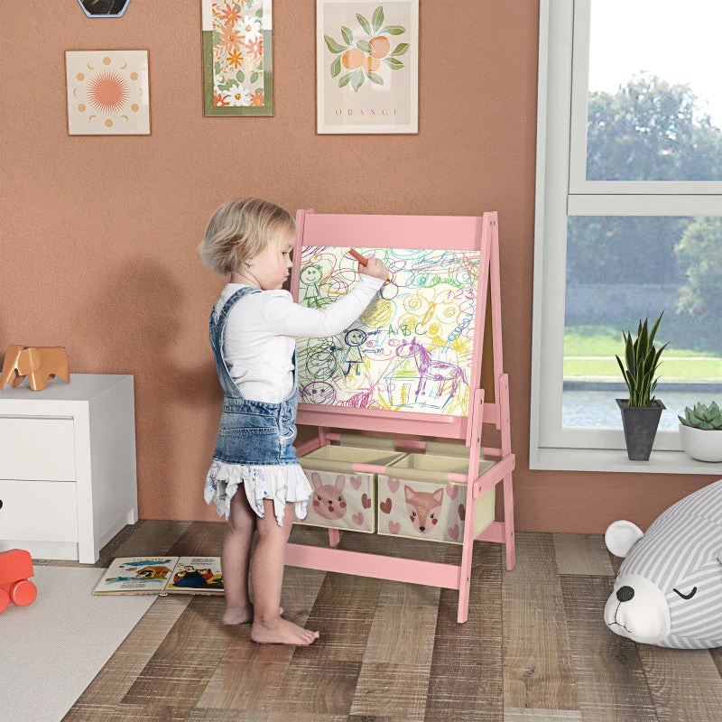 Children's Easel 3-in-1 Paper Roll Chalkboard Whiteboard Storage Baskets Pink - Image 2