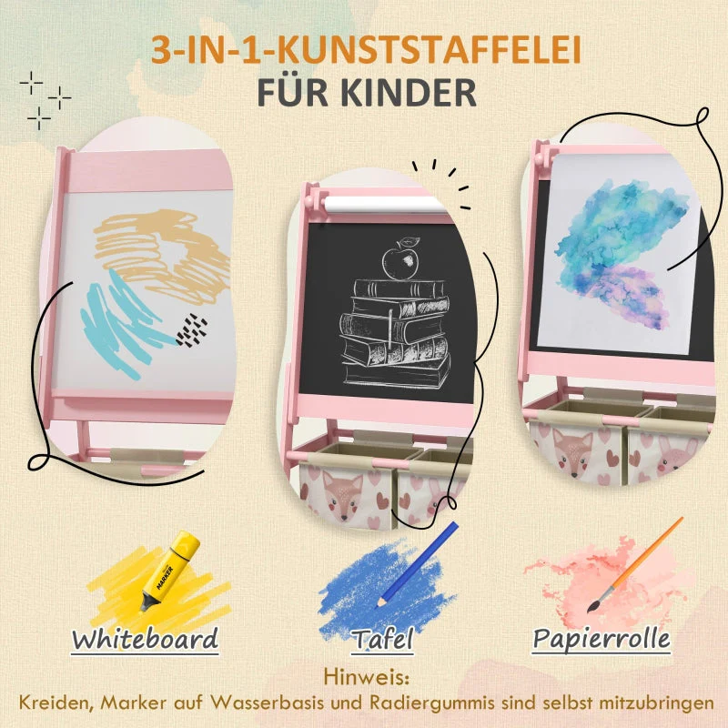 Children's Easel 3-in-1 Paper Roll Chalkboard Whiteboard Storage Baskets Pink - Image 3