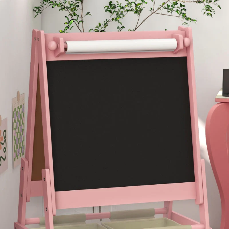 Children's Easel 3-in-1 Paper Roll Chalkboard Whiteboard Storage Baskets Pink - Image 8