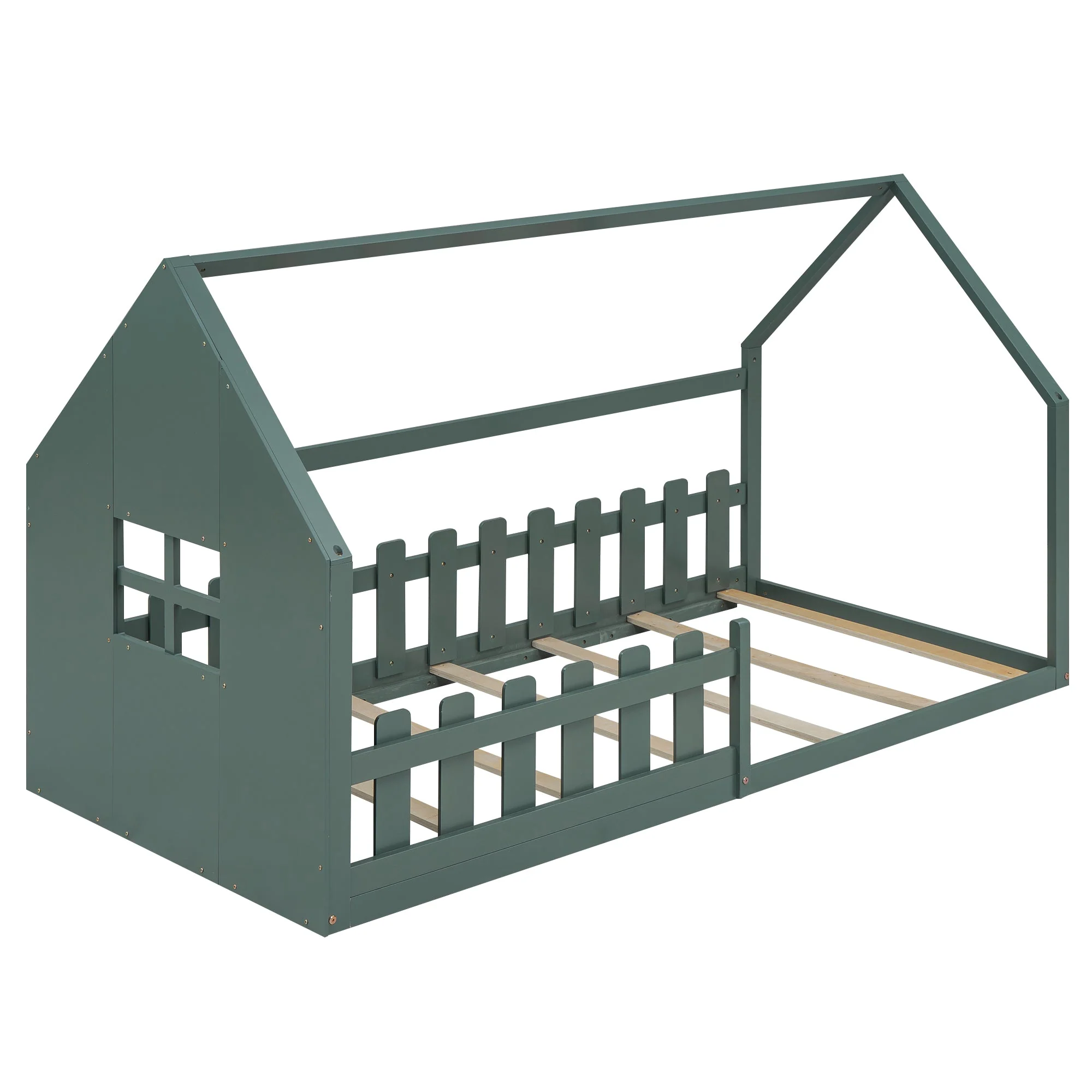 Children's Flat Bed 90x200cm House Rail - Green - Image 10