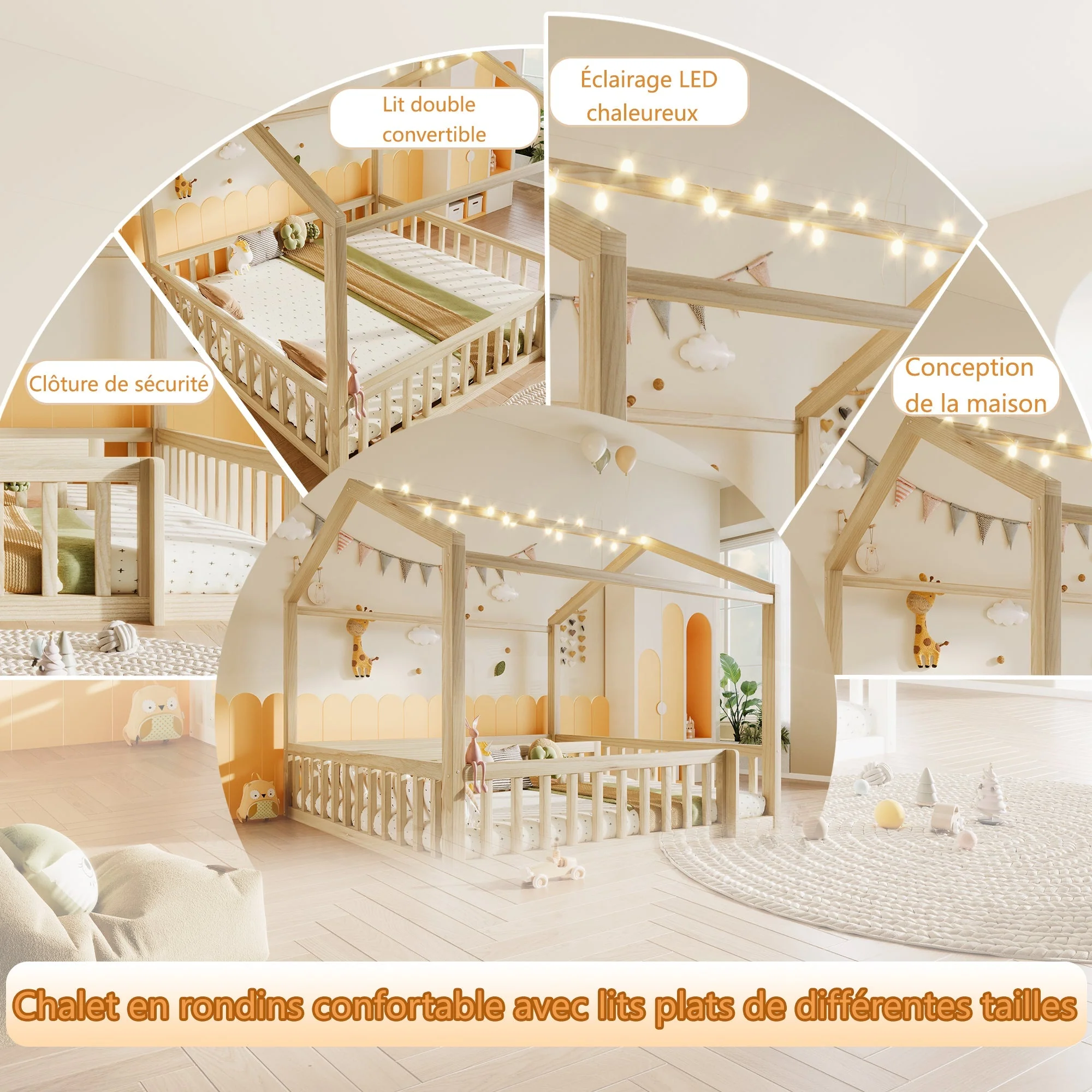 Children's Flatbed Expandable 90/180x190cm House Railing LED Pine Wood Natural - Image 10