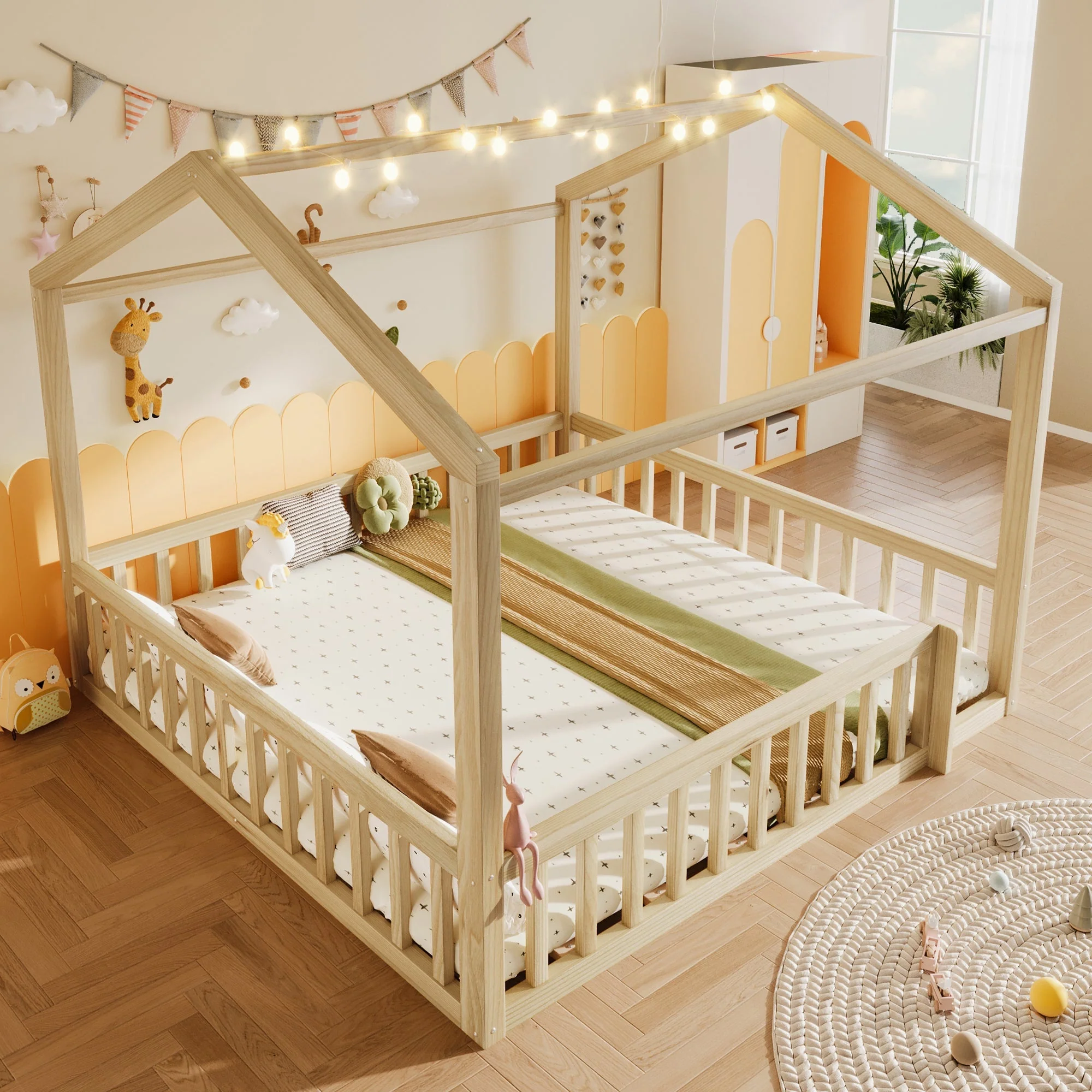 Children's Flatbed Expandable 90/180x190cm House Railing LED Pine Wood Natural - Image 2
