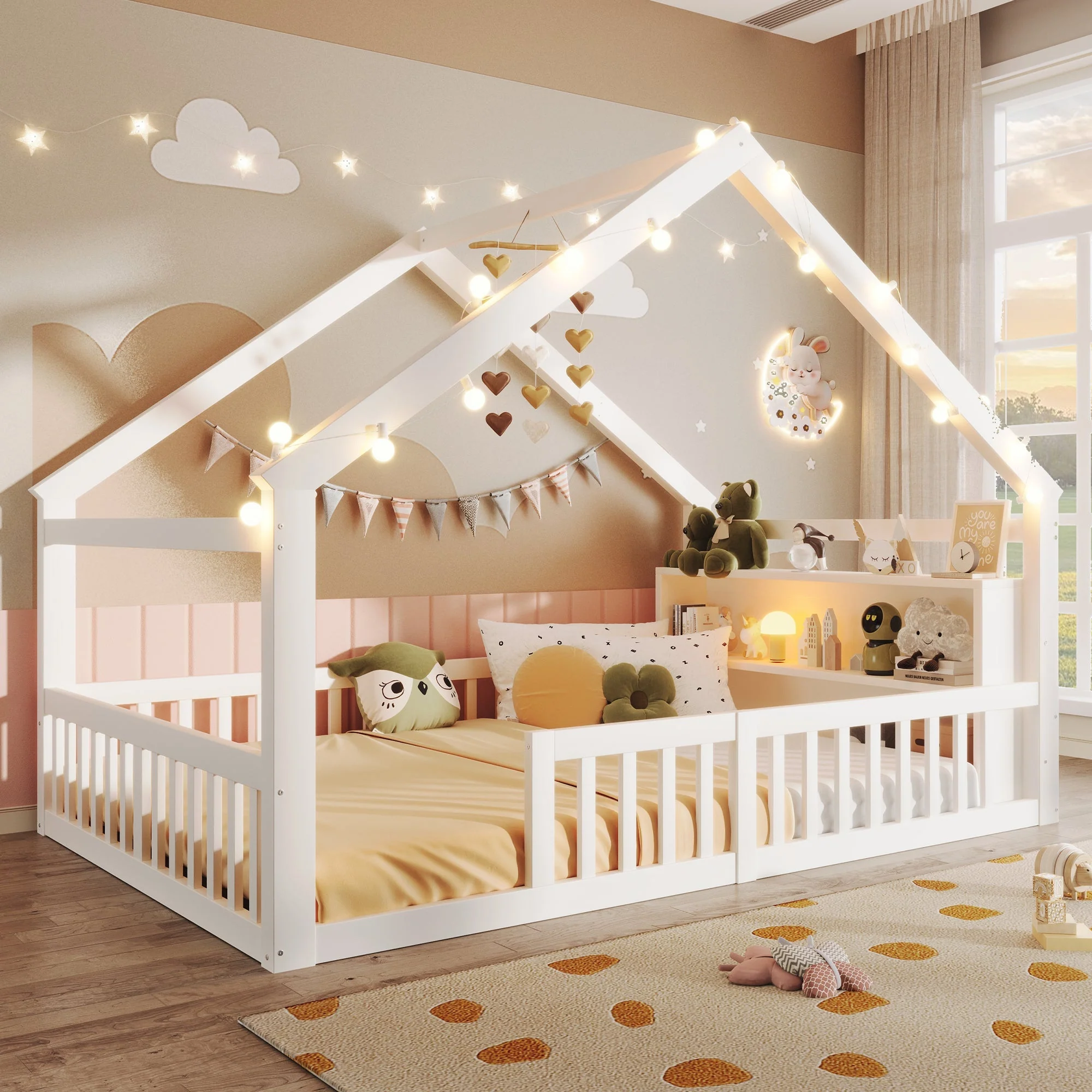 Children's Flatbed with House Rail and LED Beads, 140 x 190 cm, Pine Wood, White