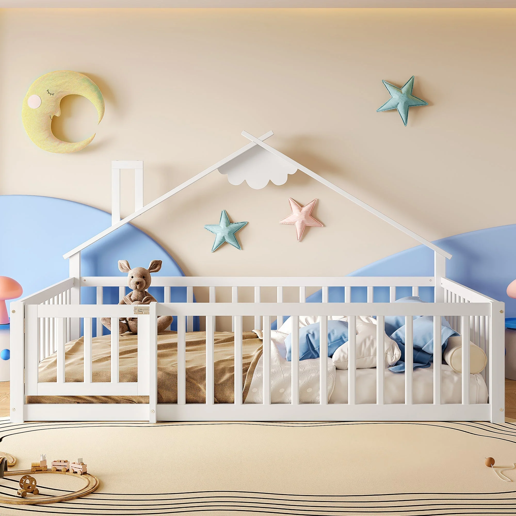 Children's Flatbed with House Rail and Locking Railing, 140x190 cm, White Pine Wood - Image 8